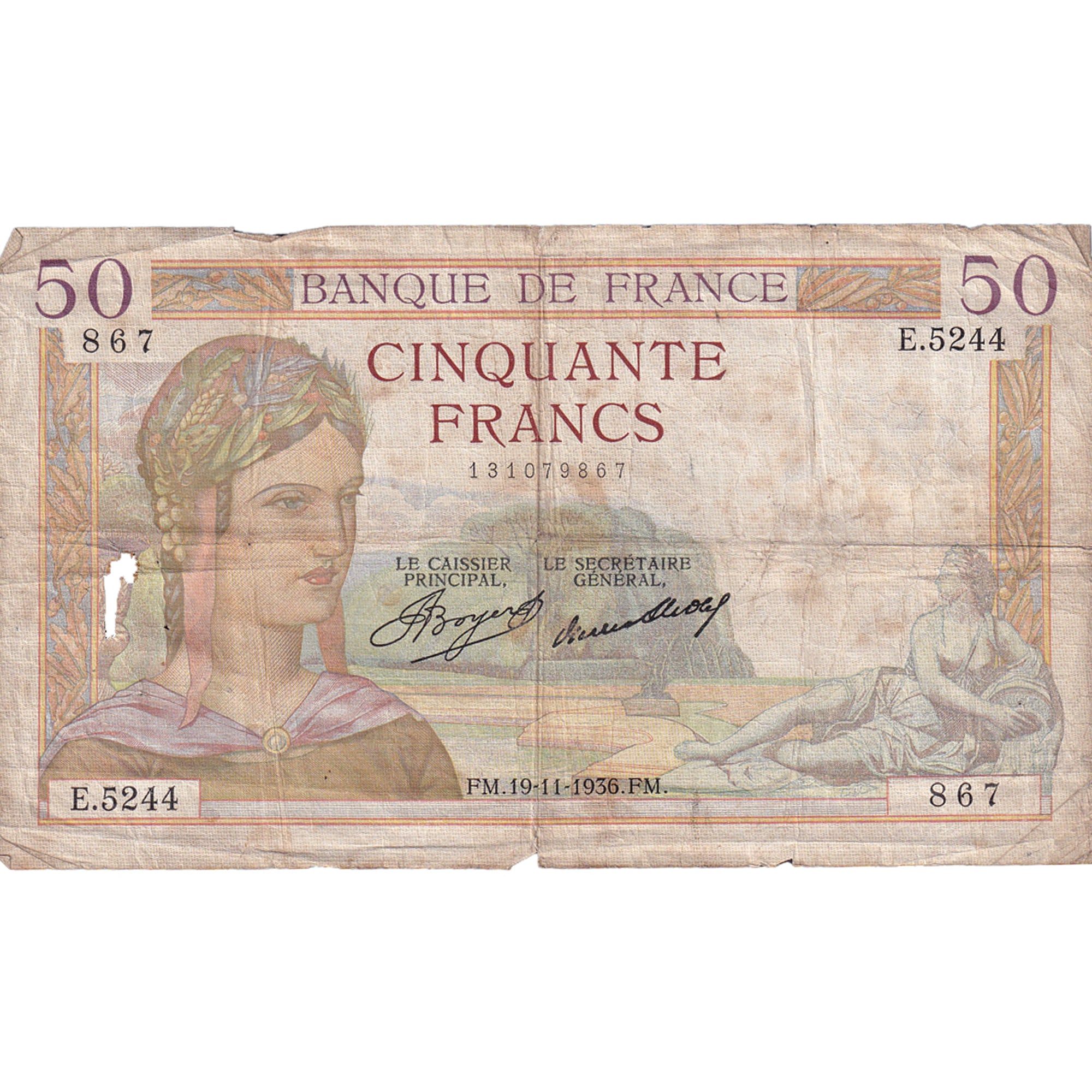 Francja, 50 Francs, Cérès, 1936, E.5244, VG(8-10), Fayette:17.31