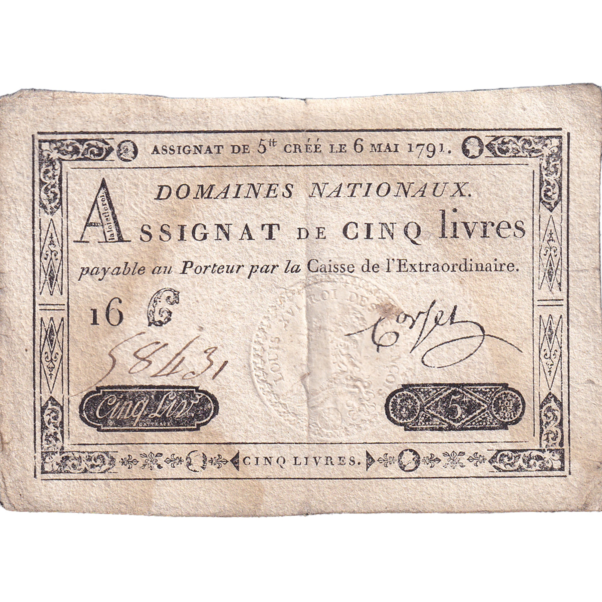 França, 5 Livres, 1791, 16G58431, VF(30-35), KM:A42, Lafaurie:137