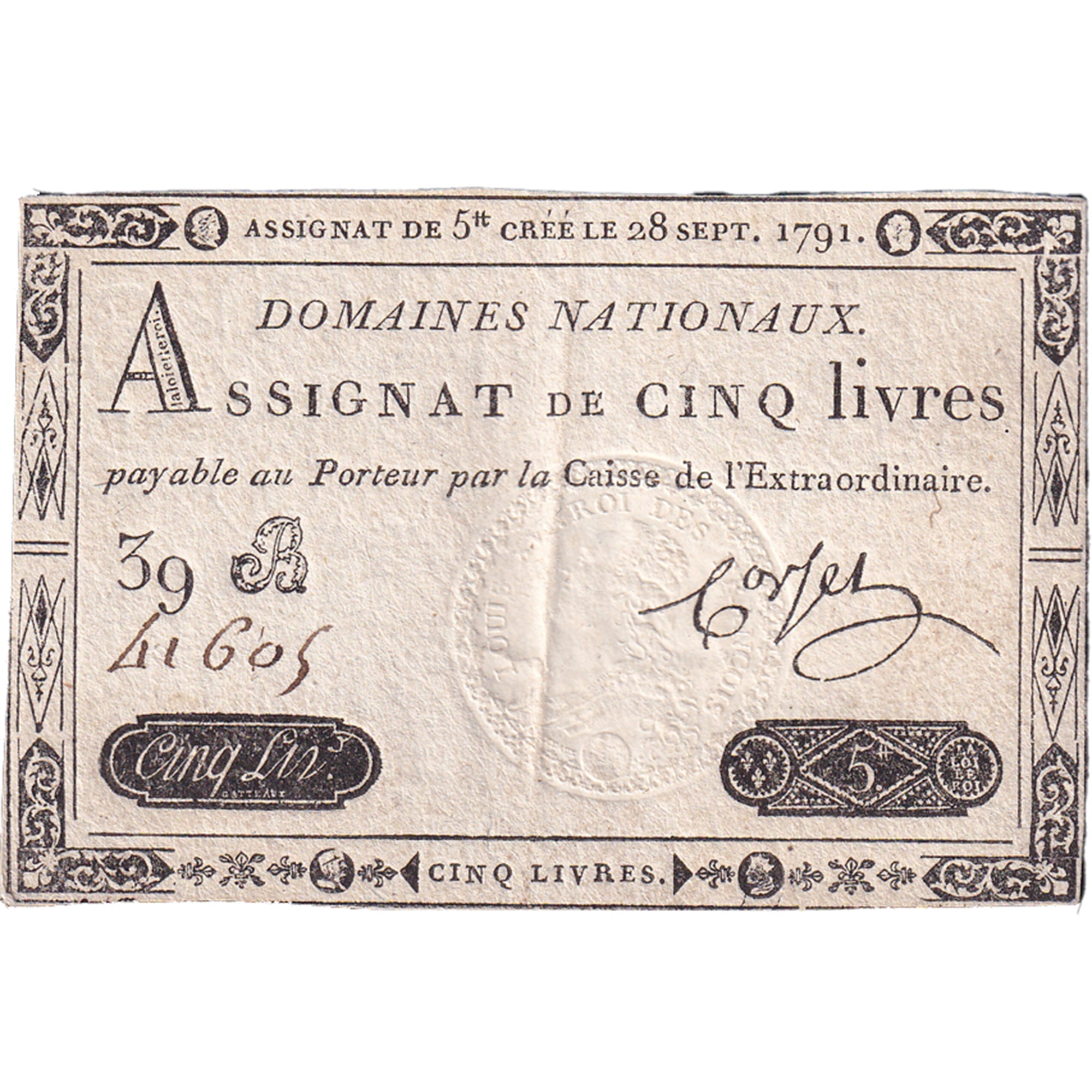 France, 5 Livres, 1791, 39B41605, VF(30-35), KM:A49, Lafaurie:144