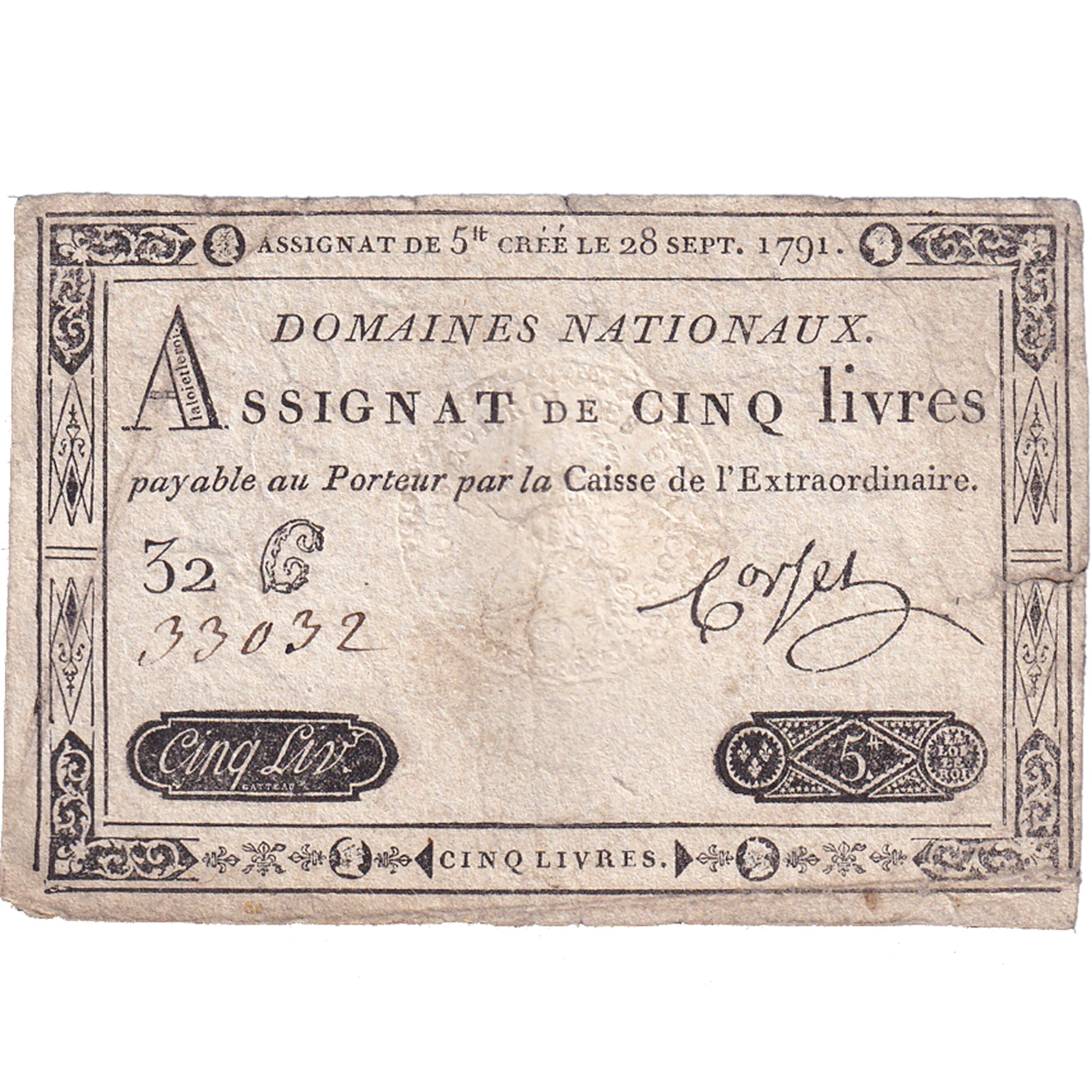 France, 5 Livres, 1791, 32G33032, VF(30-35), KM:A49, Lafaurie:144