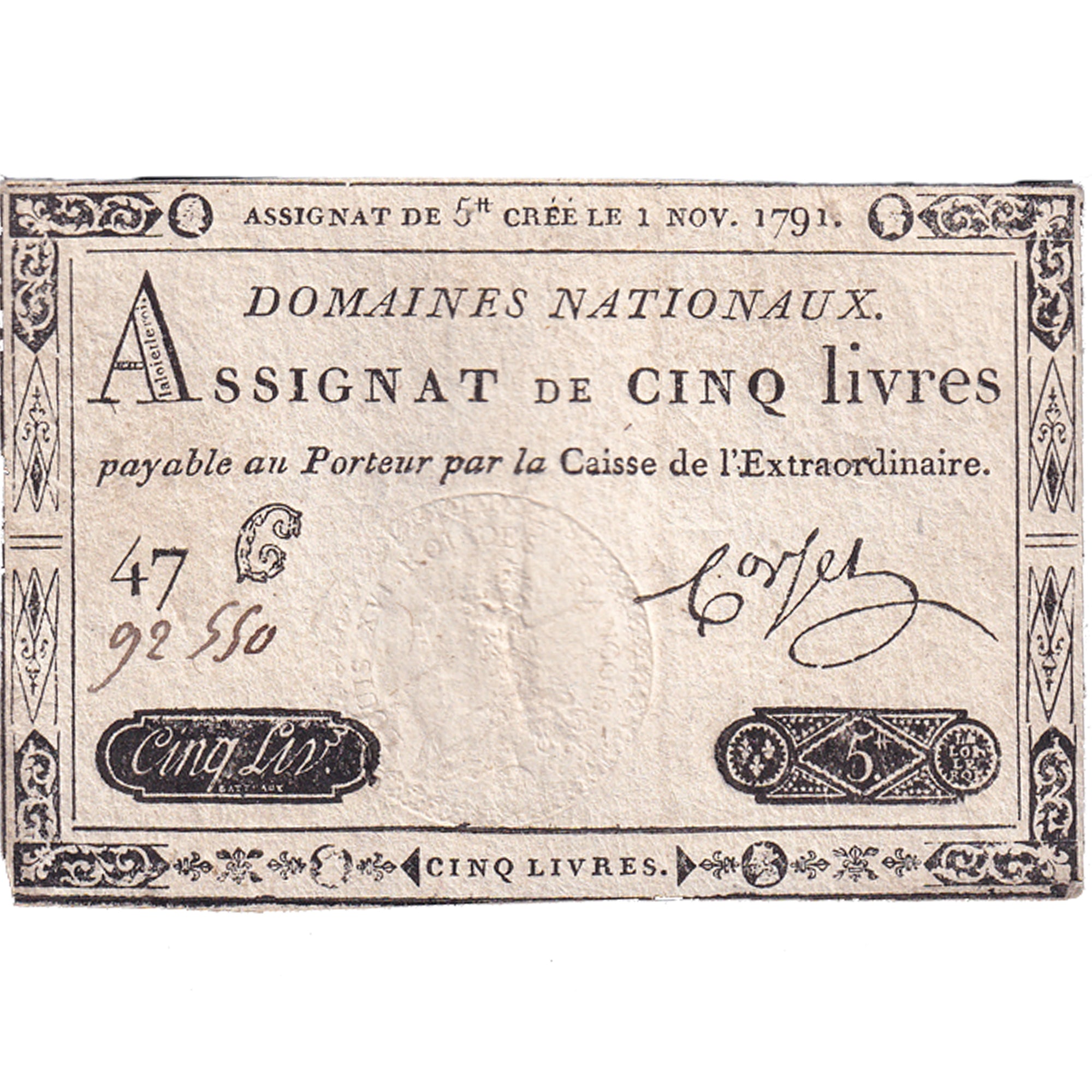 Francia, 5 Livres, 1791, 47C92550, BC+, KM:A50, Lafaurie:145