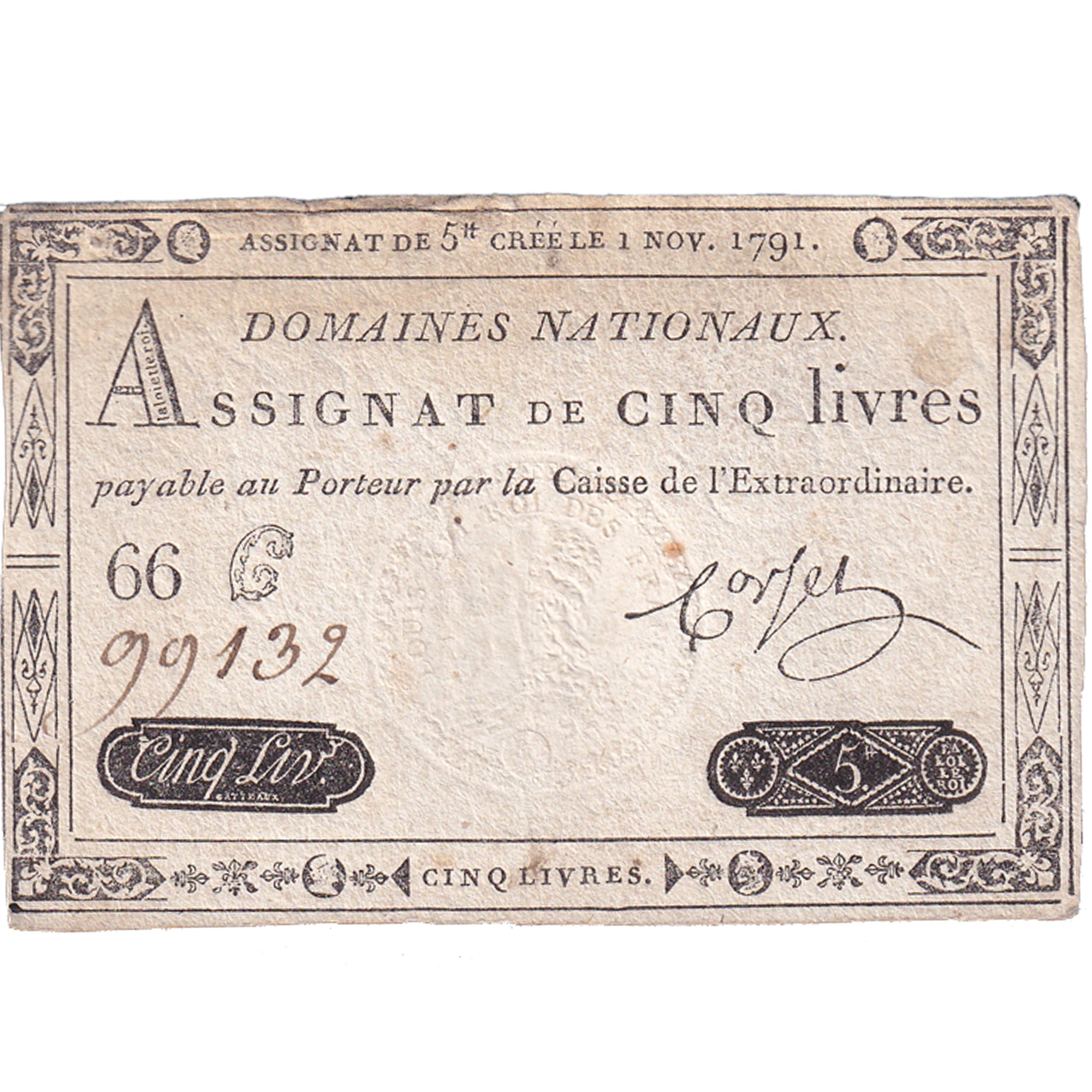 France, 5 Livres, 1791, 66C99132, VF(30-35), KM:A50, Lafaurie:145