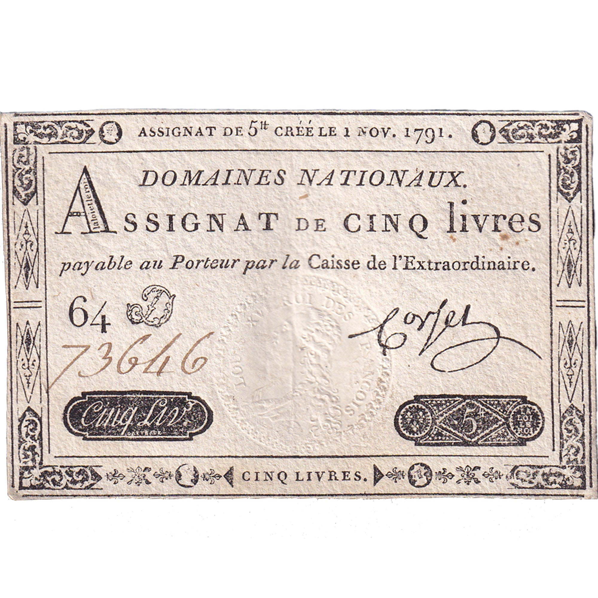 France, 5 Livres, 1791, 64D73646, VF(30-35), KM:A50, Lafaurie:145