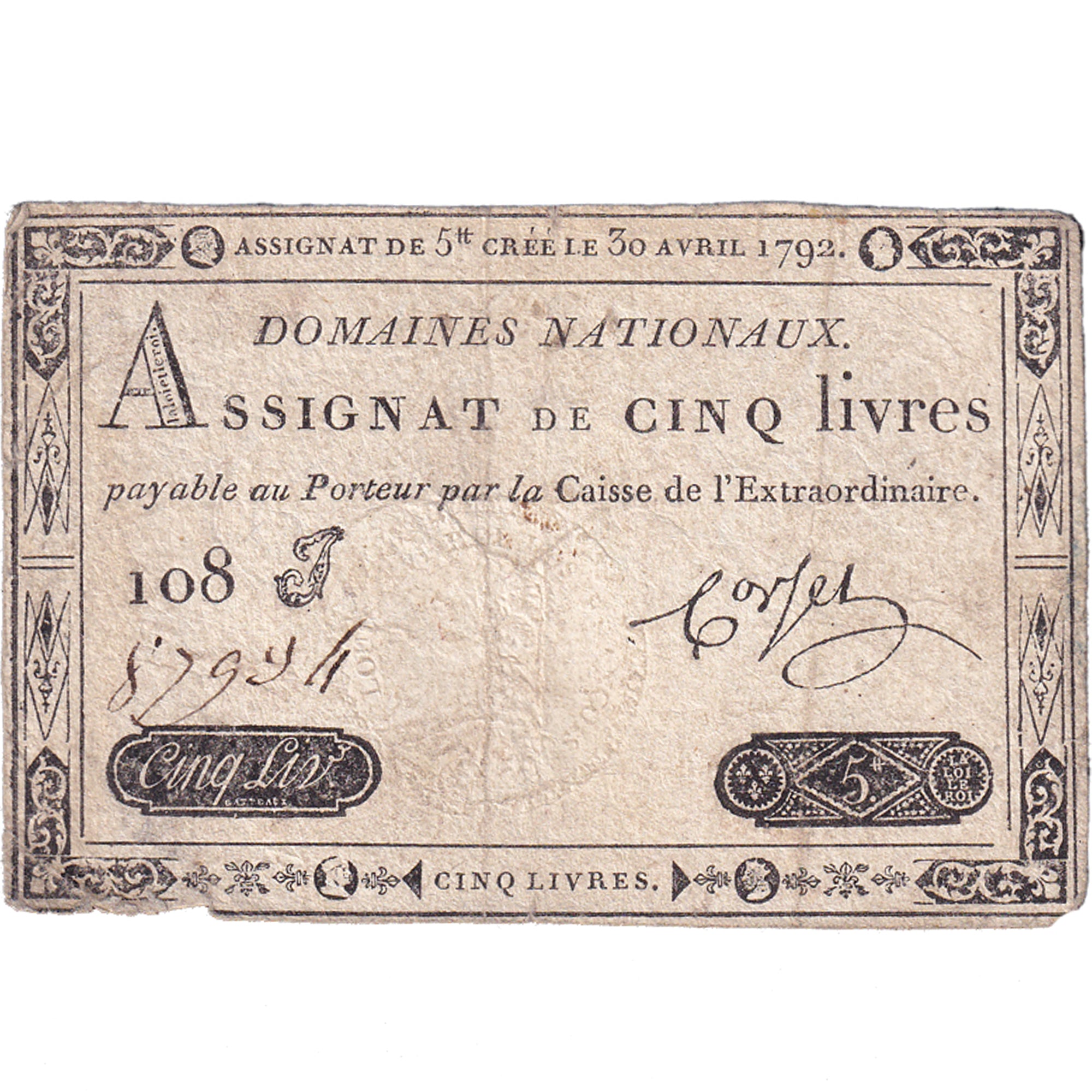 França, 5 Livres, 1792, 108J87994, VF(30-35), KM:A57, Lafaurie:152
