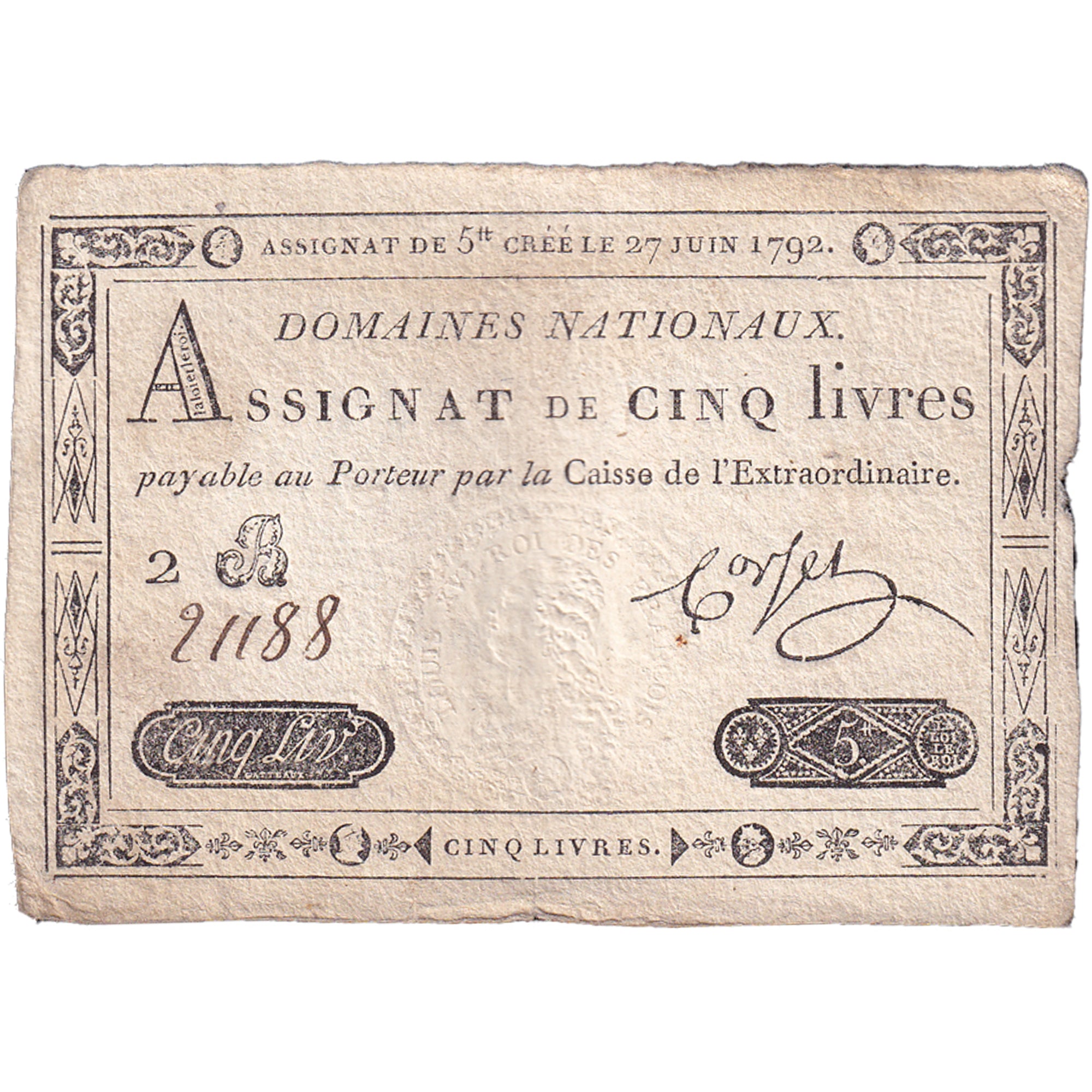 France, 5 Livres, 1792, 2B21188, EF(40-45), KM:A60, Lafaurie:155