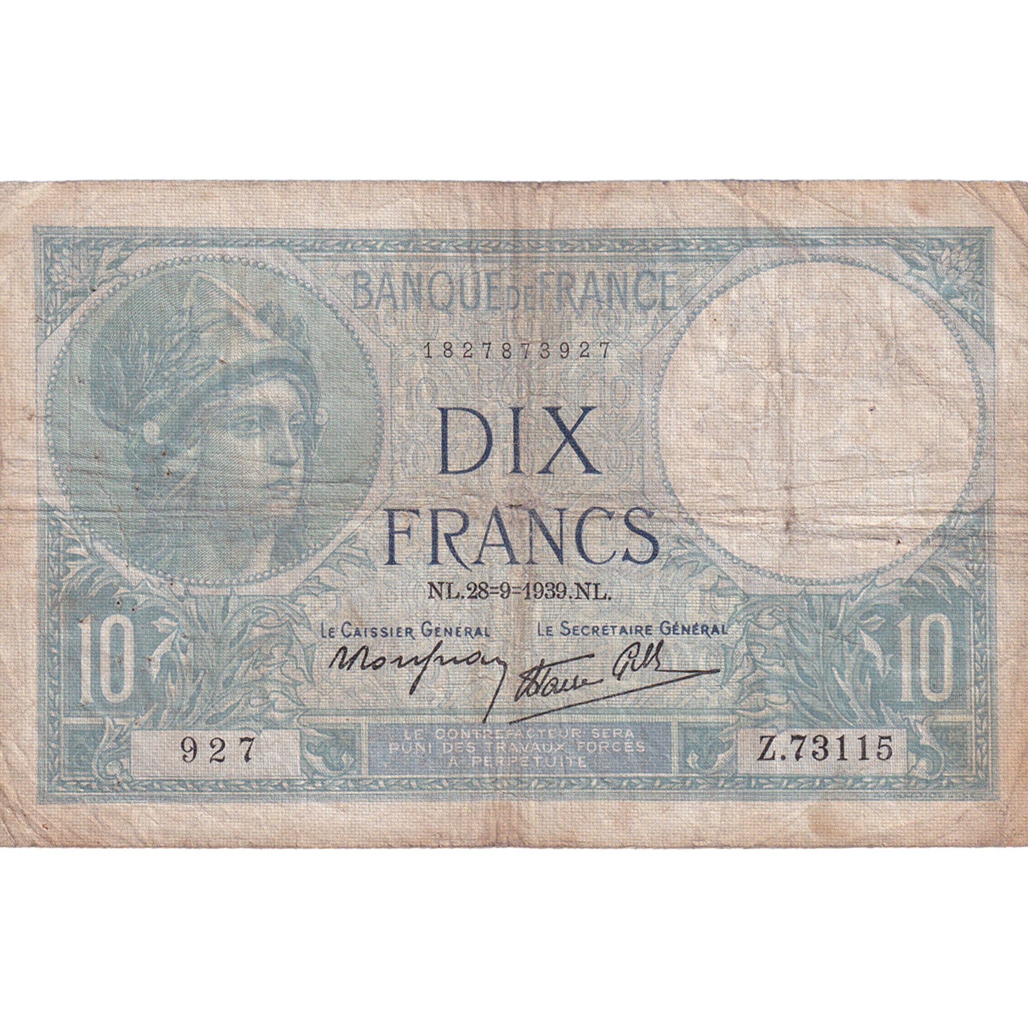 Frankreich, 10 Francs, Minerve, 1939, Z.73115, S, Fayette:7.9, KM:84