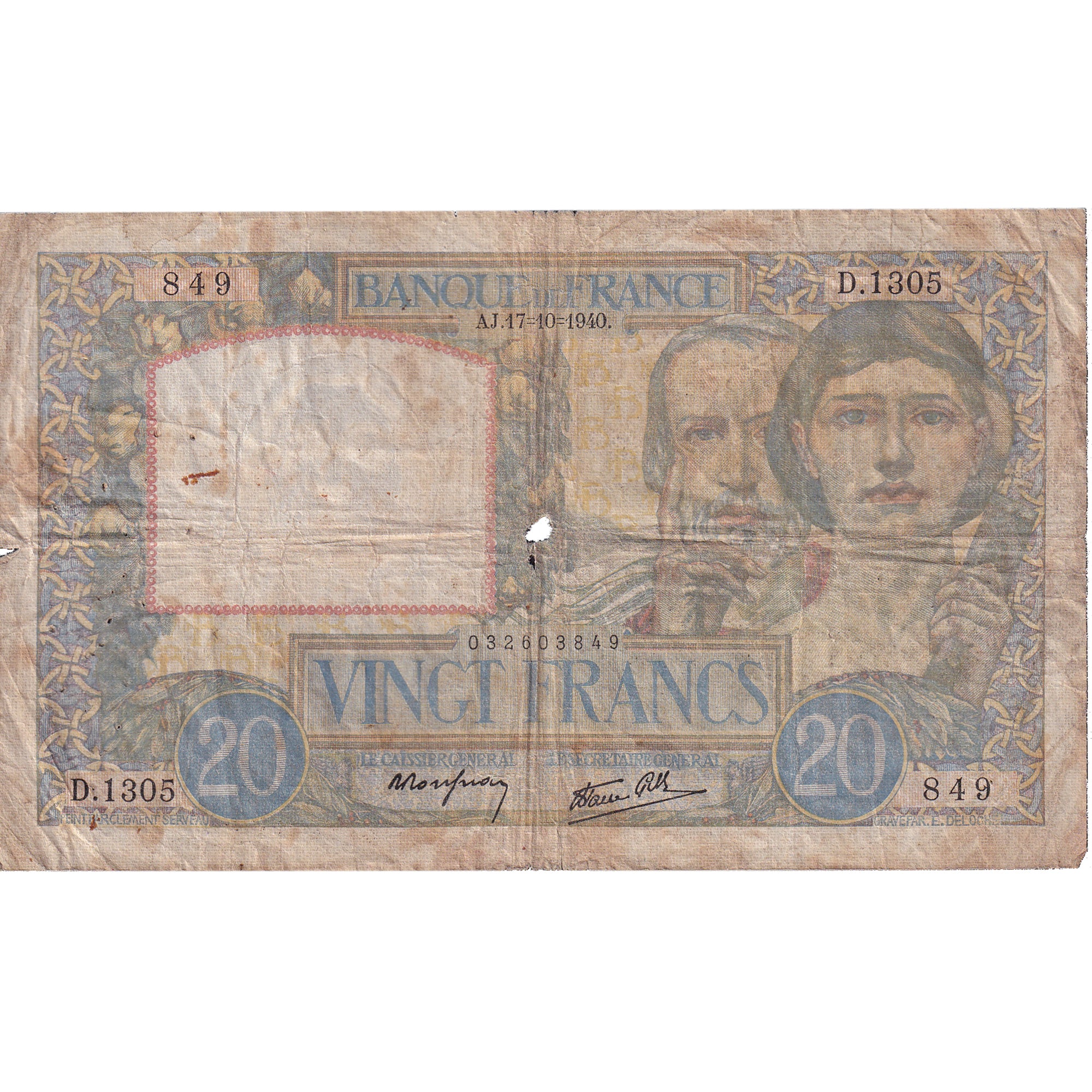 França, 20 Francs, Science et Travail, 1940, D.1305, F(12-15), Fayette:12.9