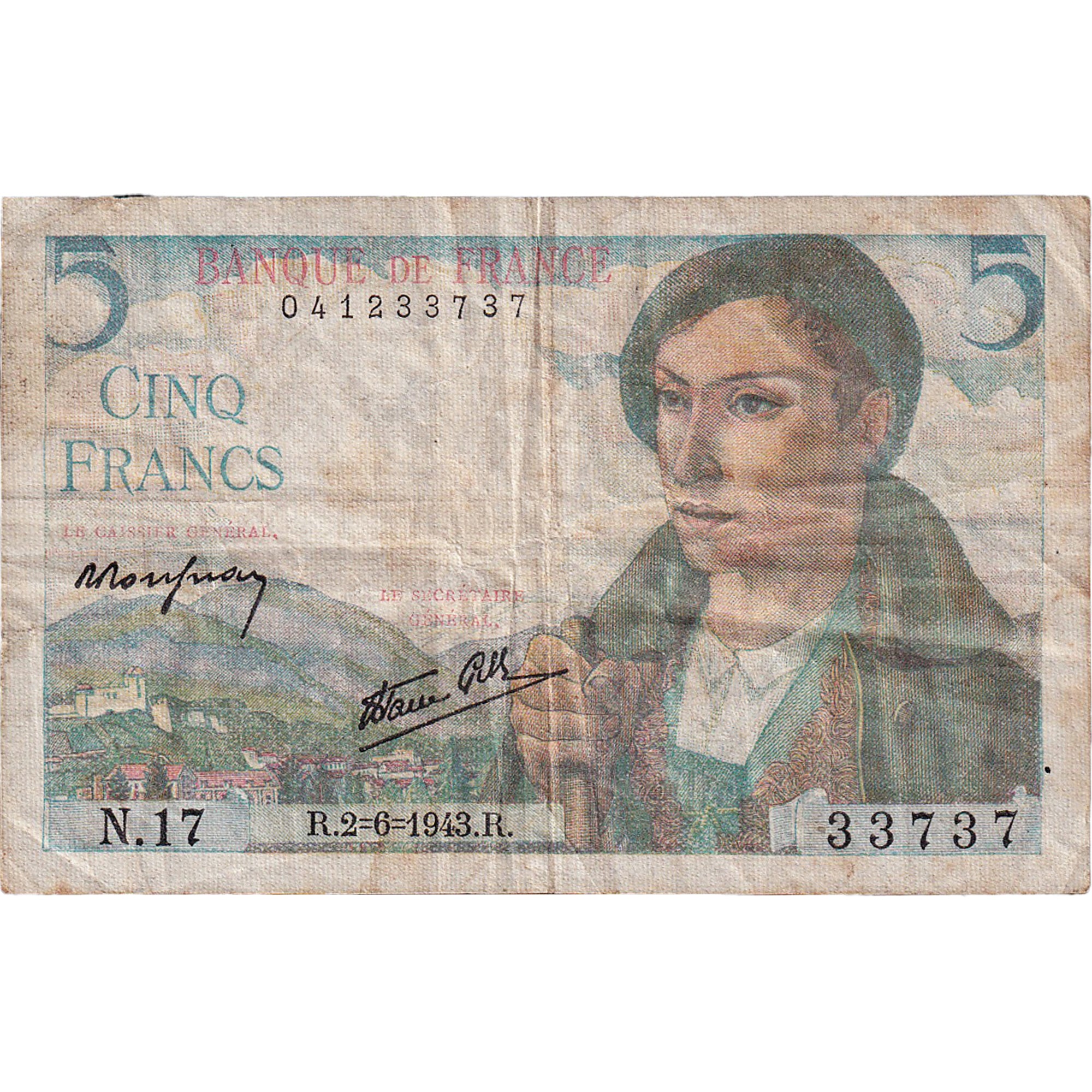 Francia, 5 Francs, Berger, 1943, N.17, MB, Fayette:5.1, KM:98a