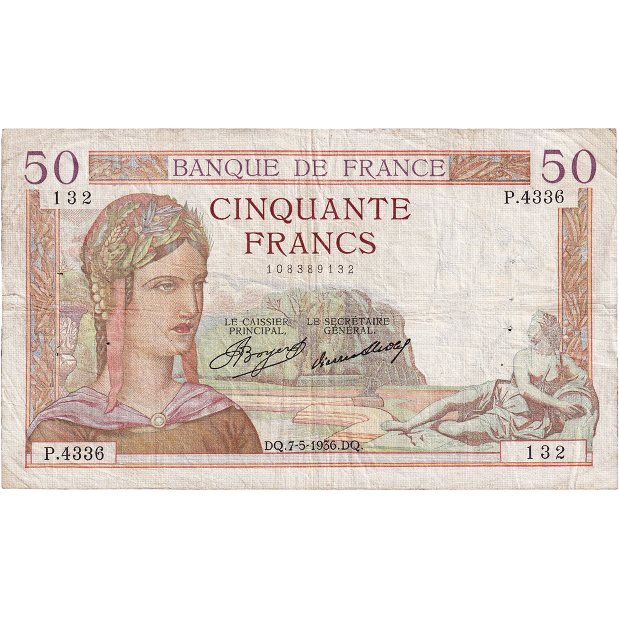 France, 50 Francs, Cérès, 1936, P.4336, VF(30-35), Fayette:17.25, KM:81