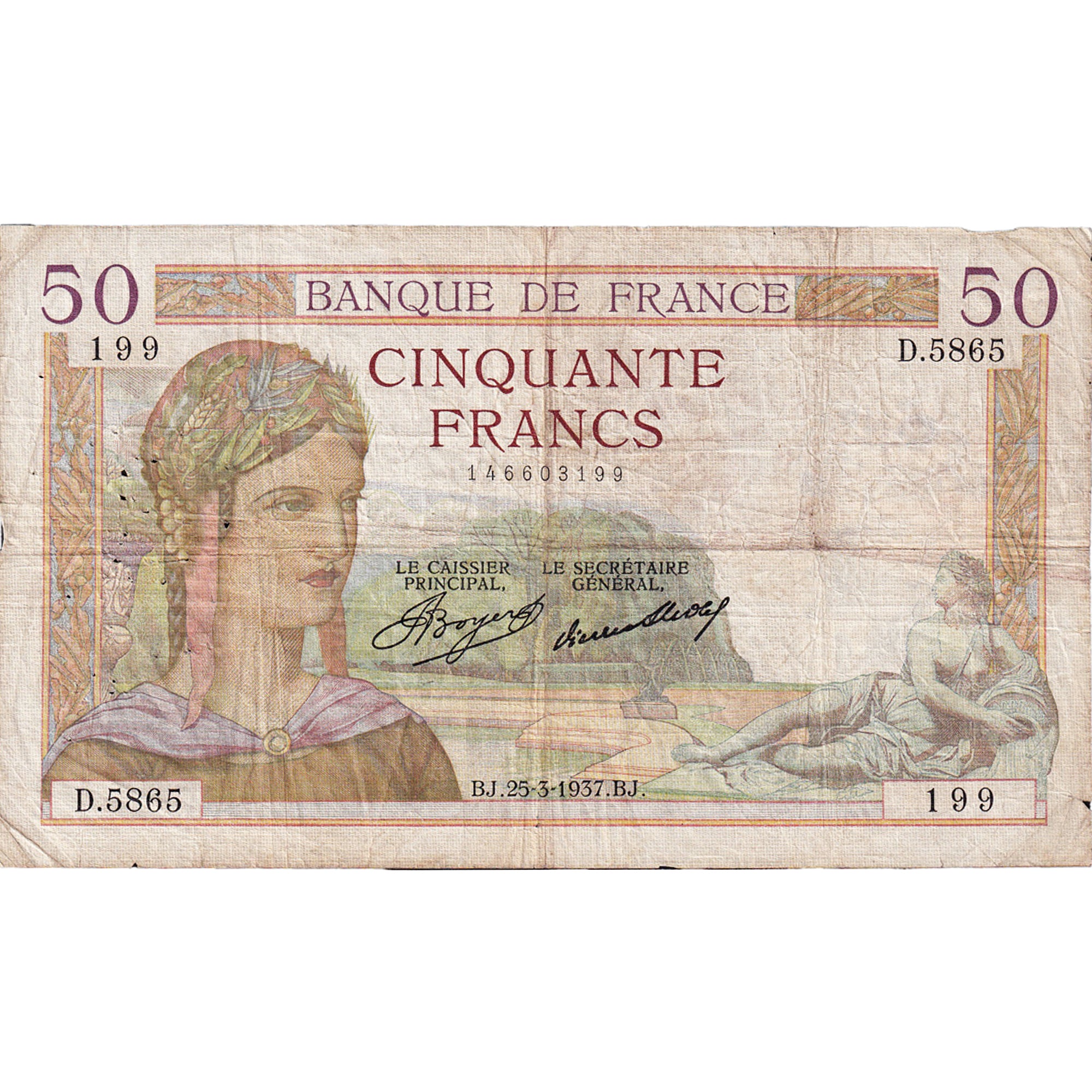 Francja, 50 Francs, Cérès, 1937, D.5865, VF(30-35), Fayette:17.36, KM:81