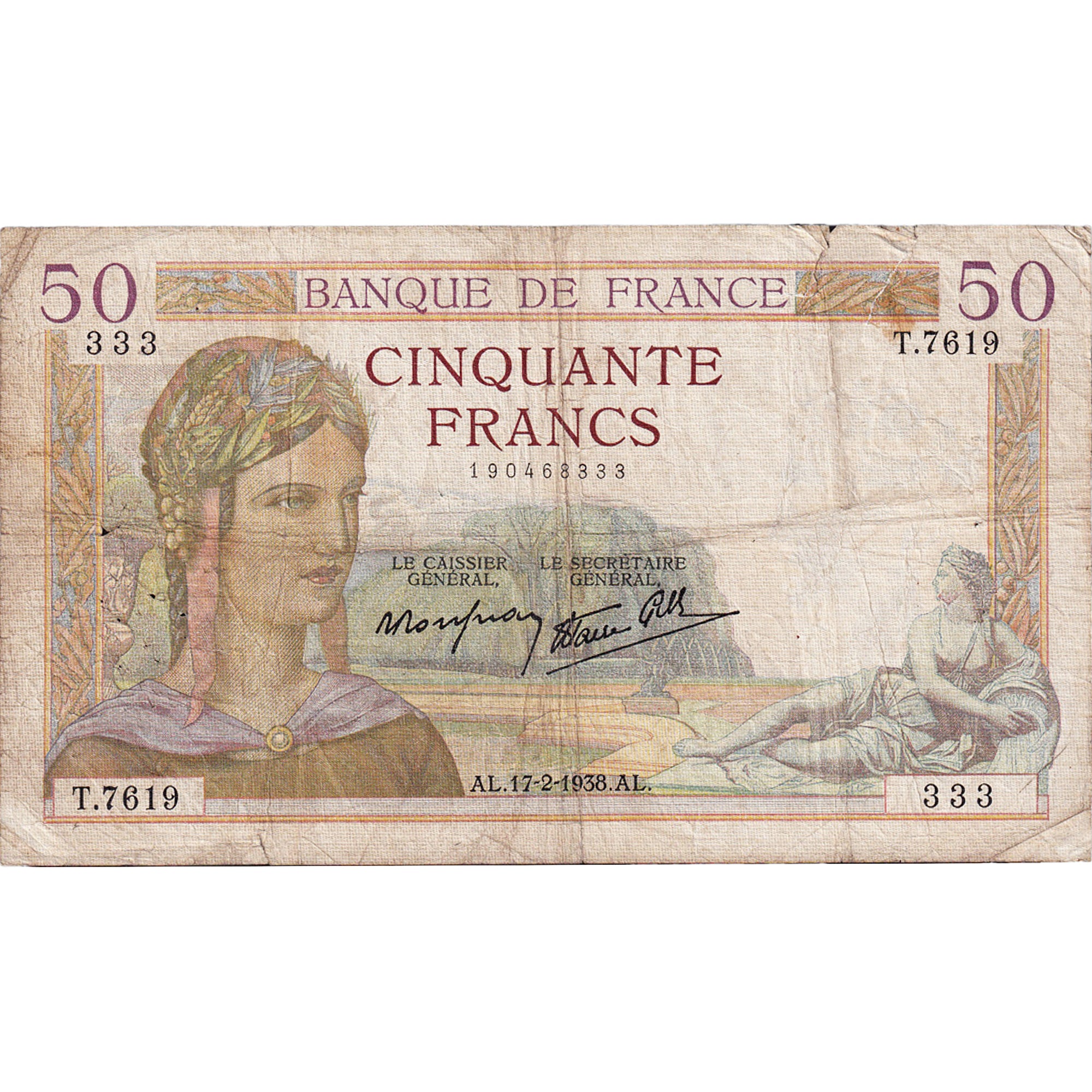 Francja, 50 Francs, Cérès, 1938, T.7619, VF(30-35), Fayette:18.9, KM:85b