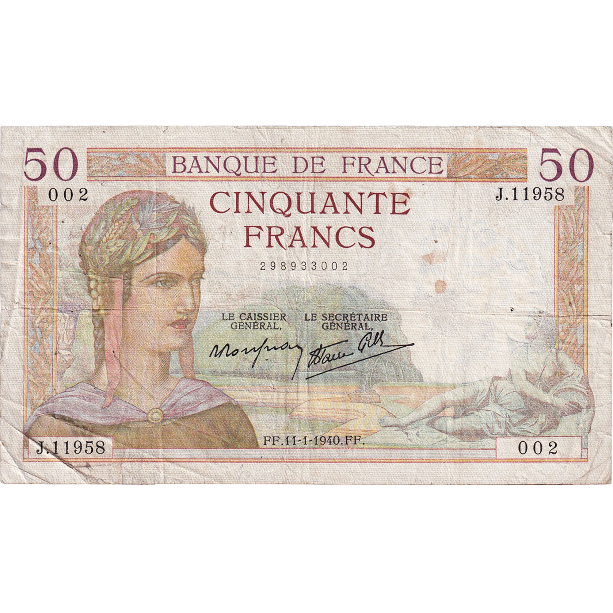 Francja, 50 Francs, Cérès, 1940, J.11958, VF(30-35), Fayette:18.37, KM:85b