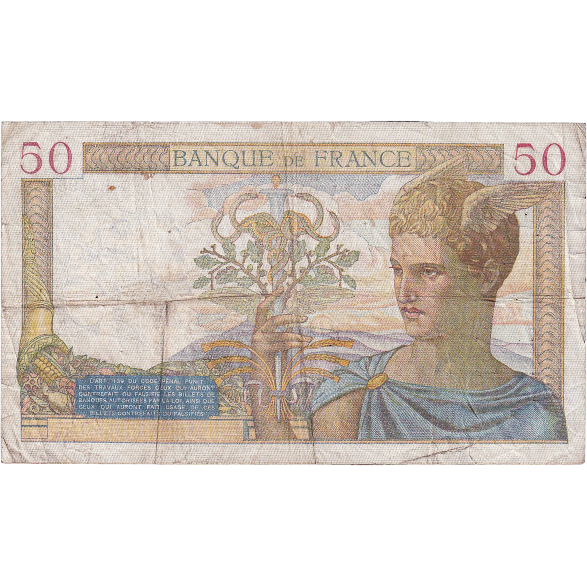 Francja, 50 Francs, Cérès, 1940, J.11958, VF(30-35), Fayette:18.37, KM:85b