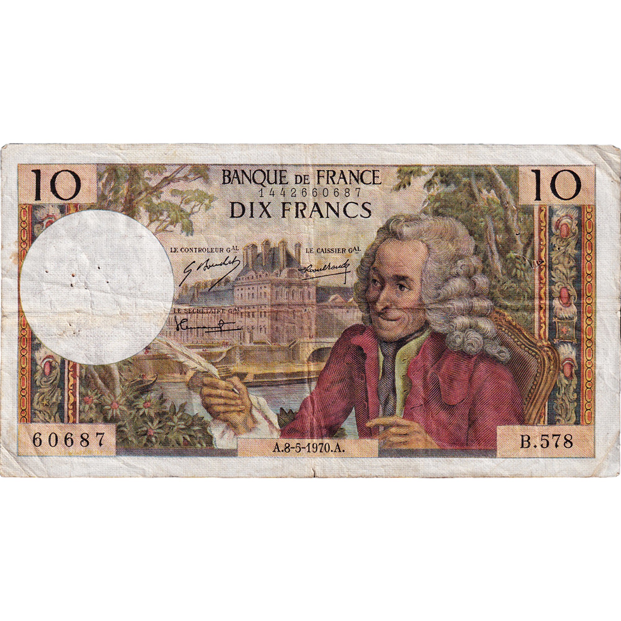 França, 10 Francs, Voltaire, 1970, B.578, VF(30-35), Fayette:62.44, KM:147d