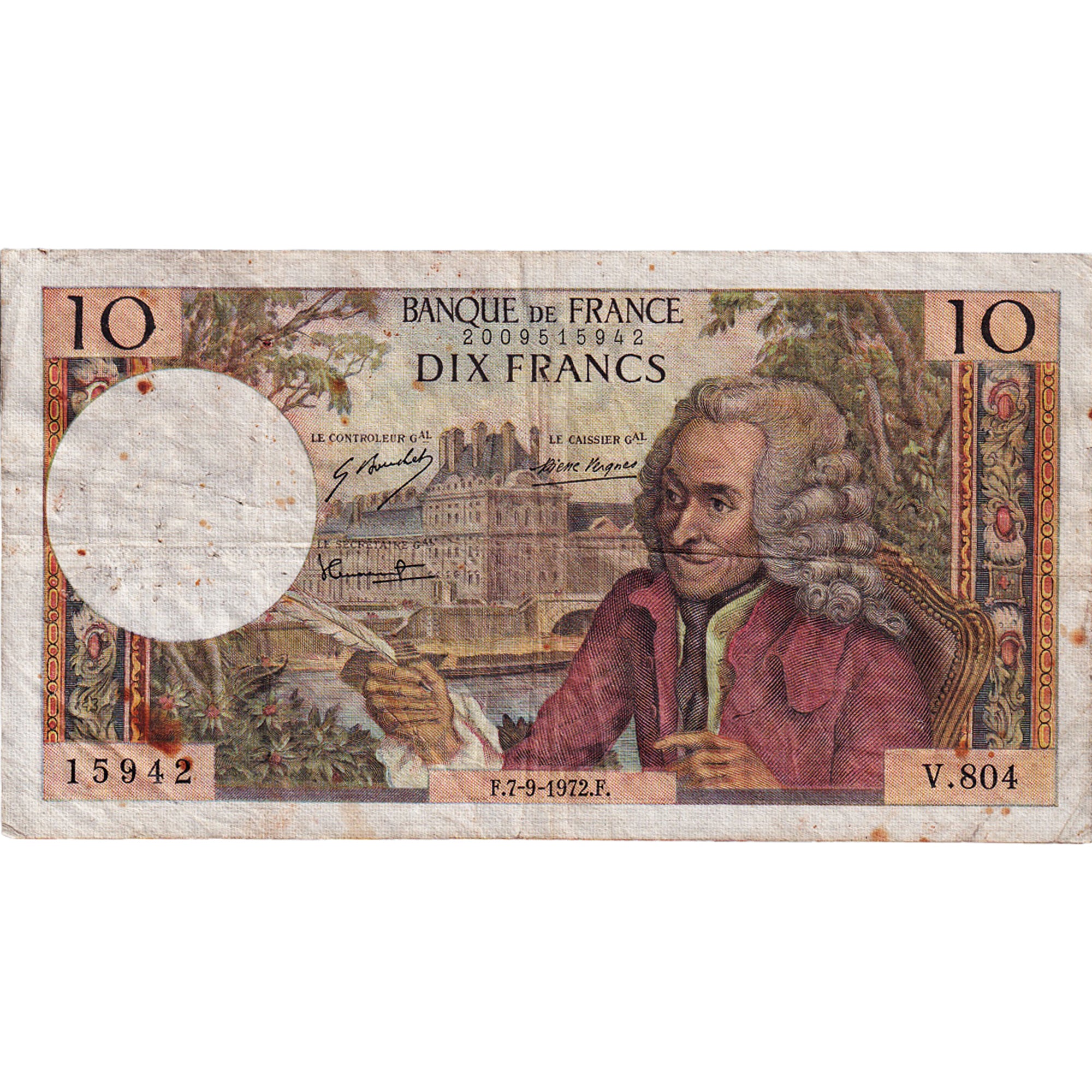 França, 10 Francs, Voltaire, 1972, V.804, VF(30-35), Fayette:62.58, KM:147d
