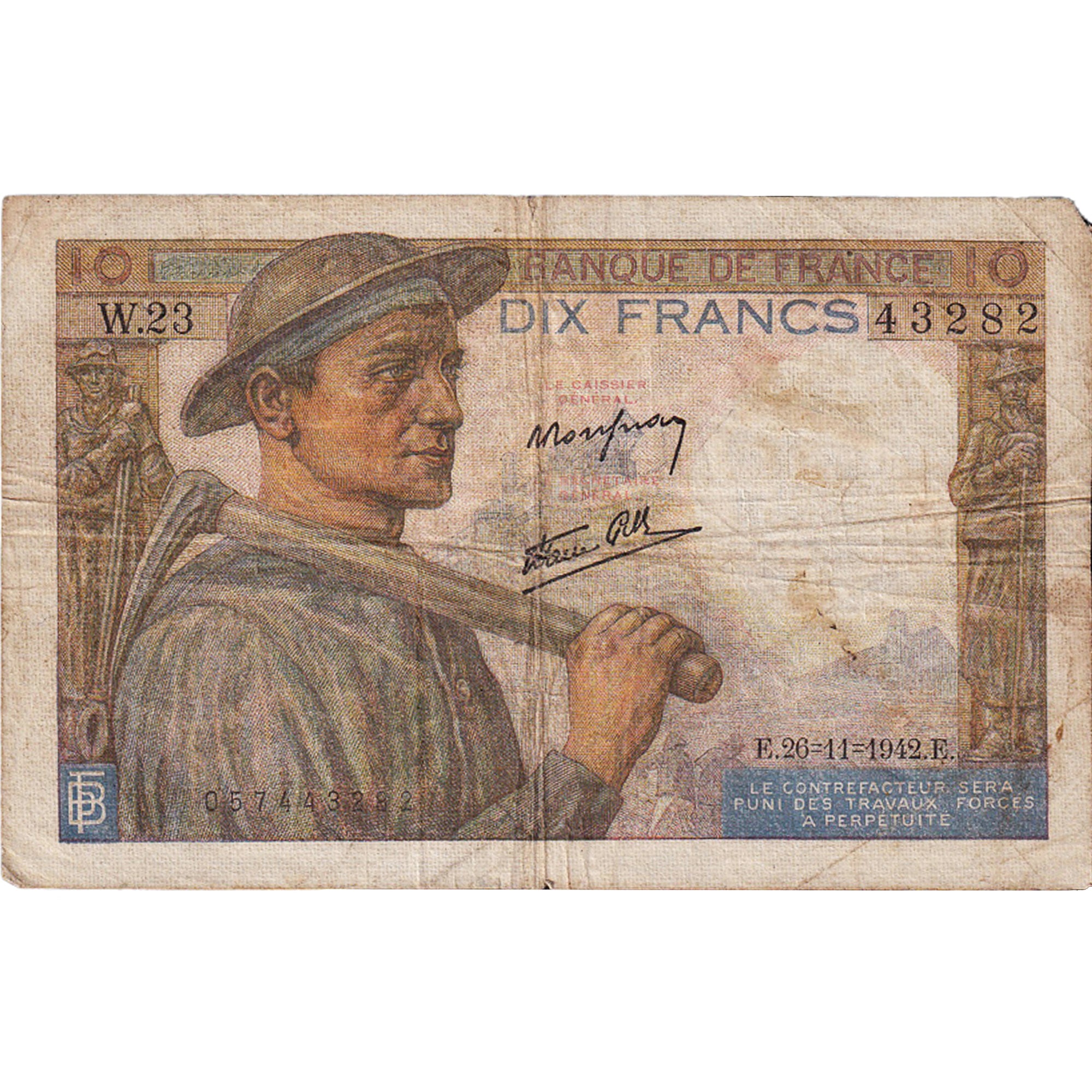 Frankrijk, 10 Francs, Mineur, 1942, W23, TB+, Fayette:8.6, KM:99e