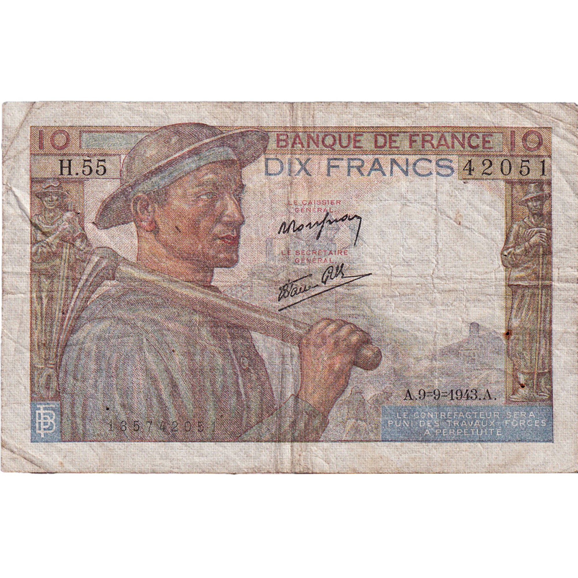 France, 10 Francs, Mineur, 1943, H.55, VF(20-25), Fayette:8.9, KM:99d