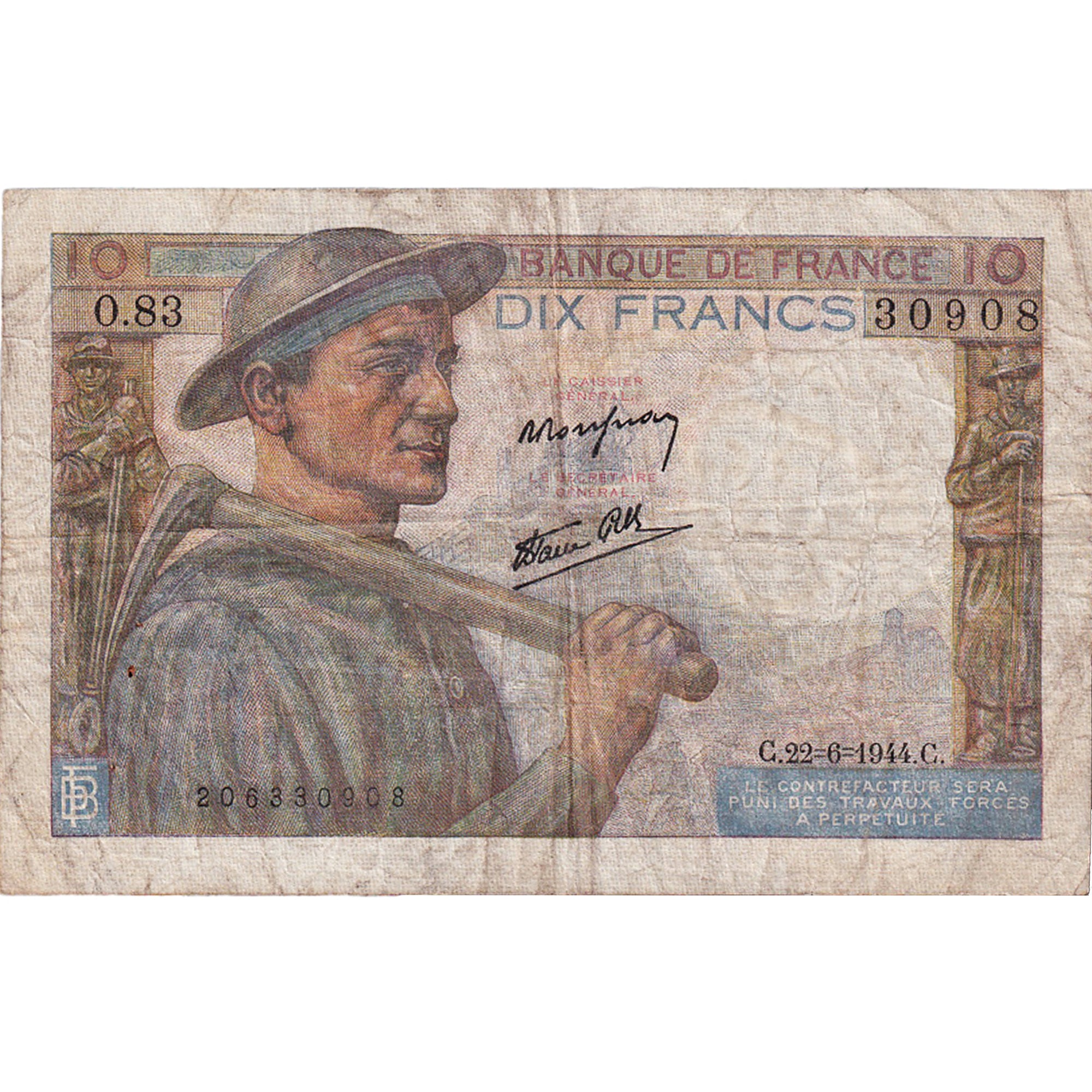 France, 10 Francs, Mineur, 1944, O.83, VF(30-35), Fayette:8.12, KM:99e