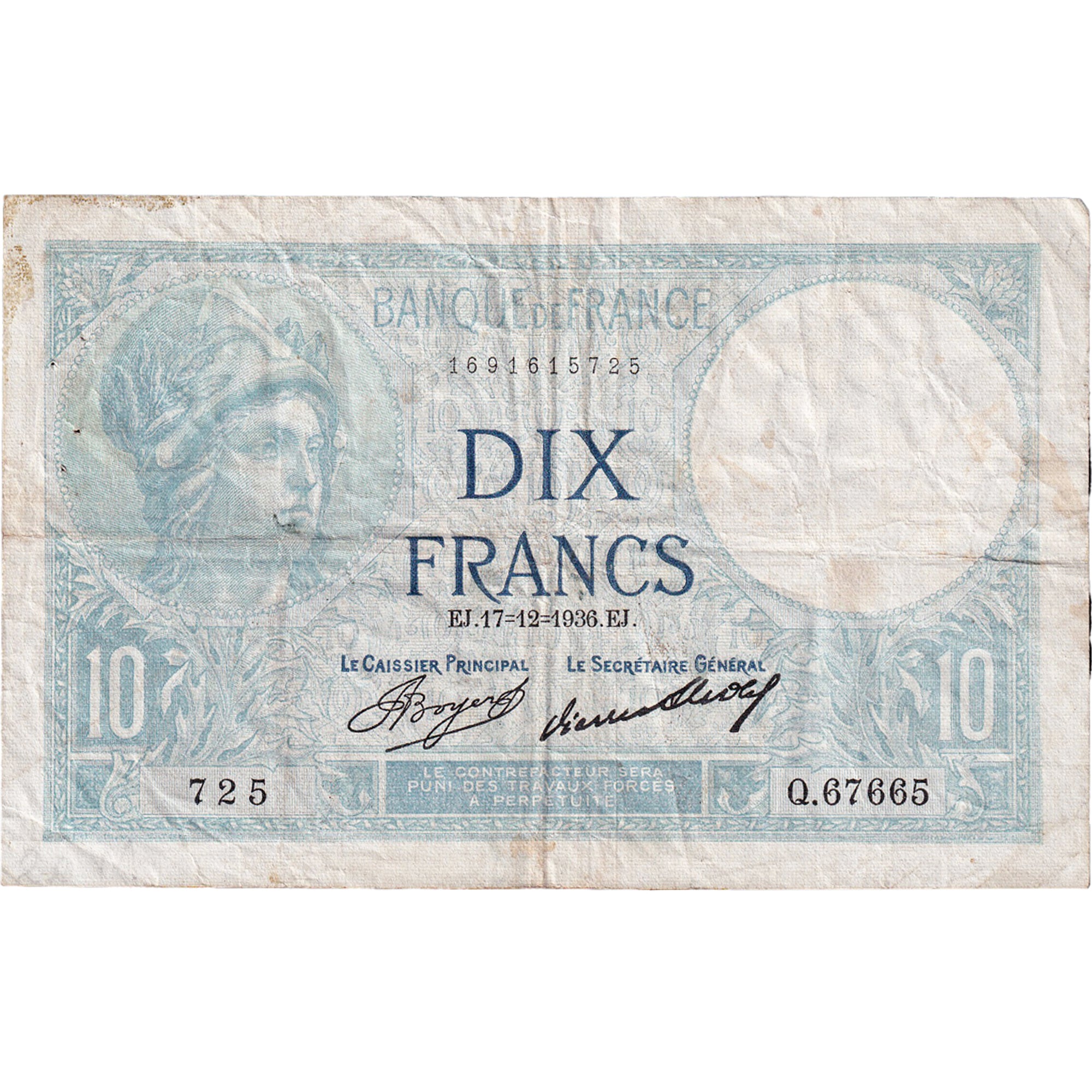 Francia, 10 Francs, Minerve, 1936, Q.67665, BC+, Fayette:6.17, KM:73e