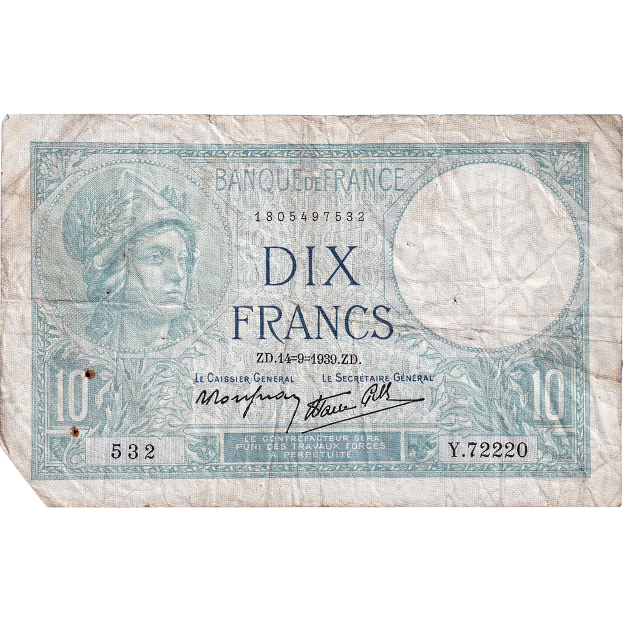 Frankreich, 10 Francs, Minerve, 1939, Y.72220, S, Fayette:7.7, KM:84