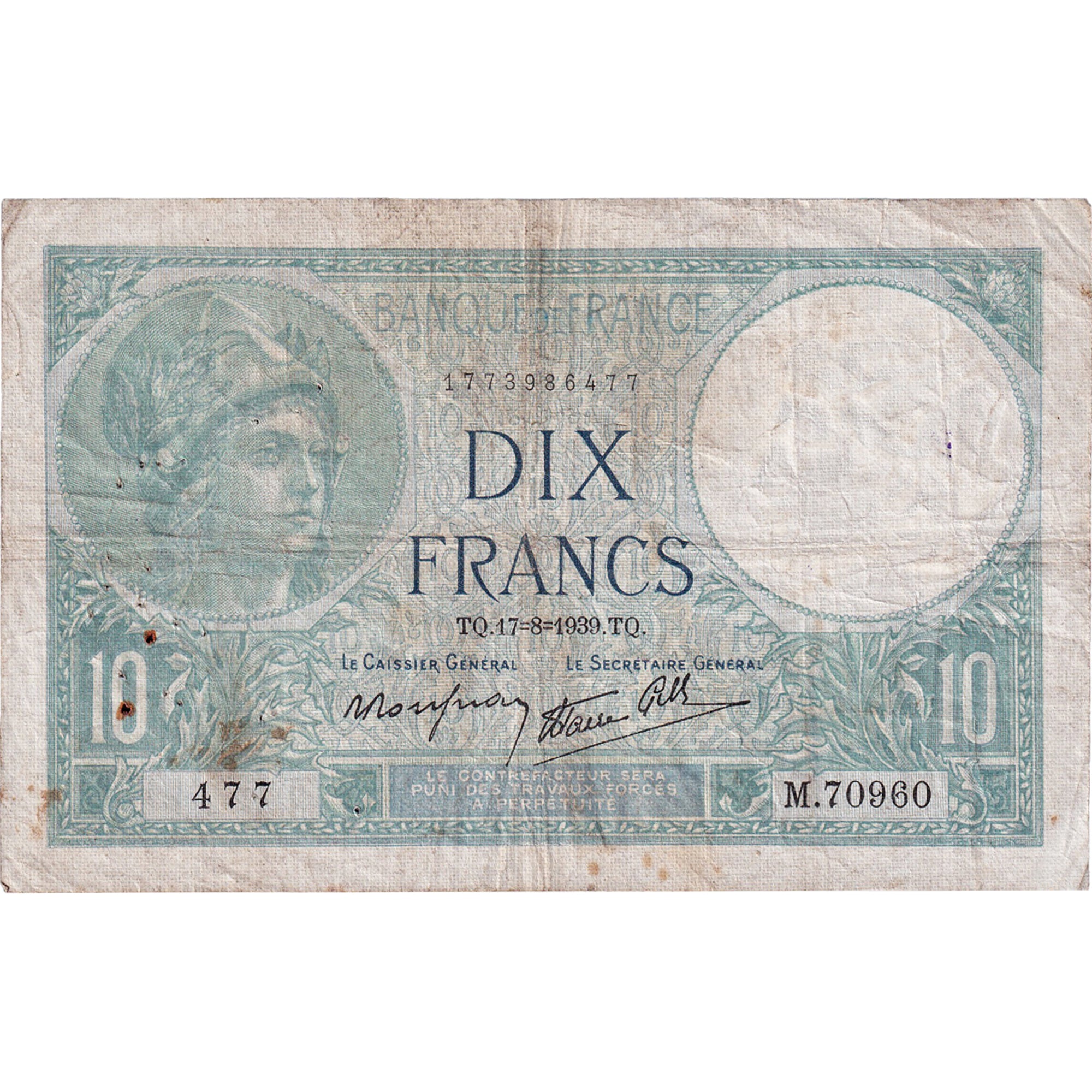 Frankreich, 10 Francs, Minerve, 1939, M.70960, S+, Fayette:7.5, KM:84