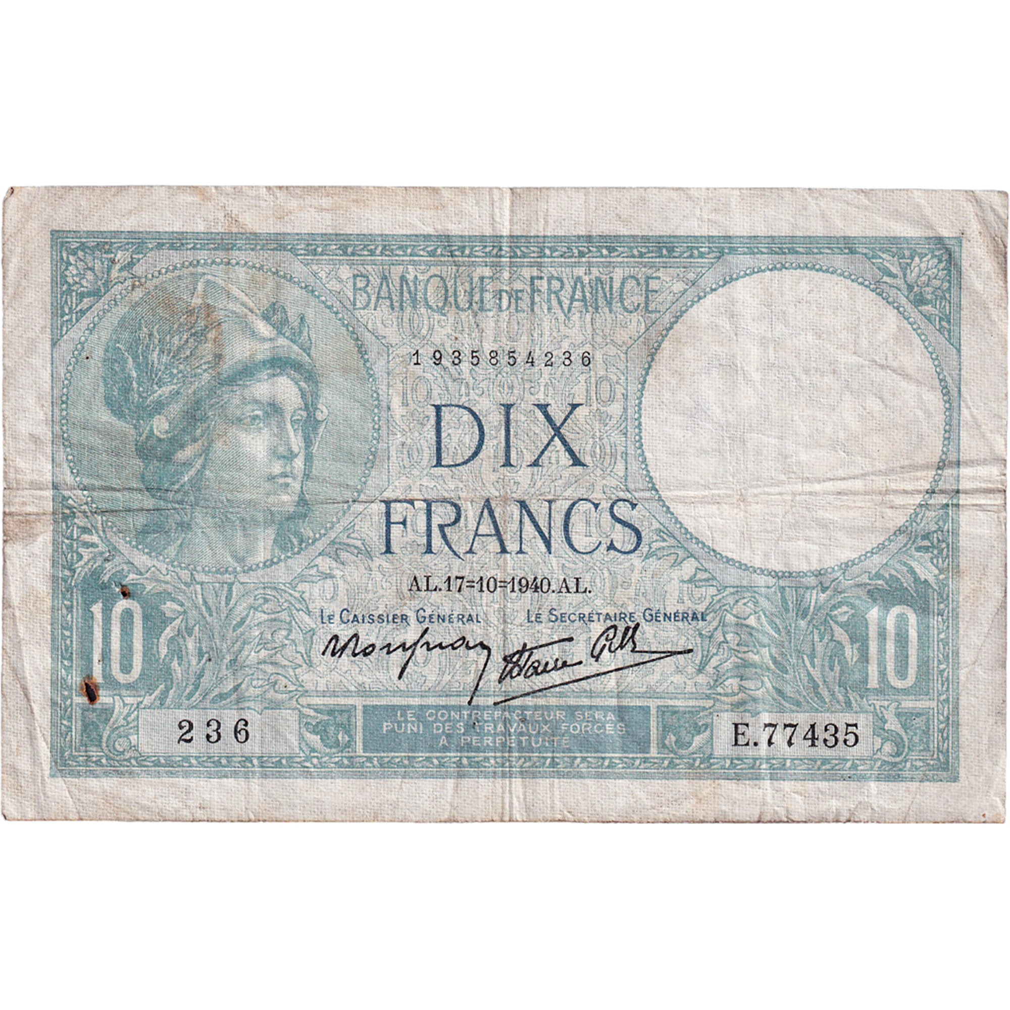Frankreich, 10 Francs, Minerve, 1940, E.77435, S+, Fayette:7.17, KM:84