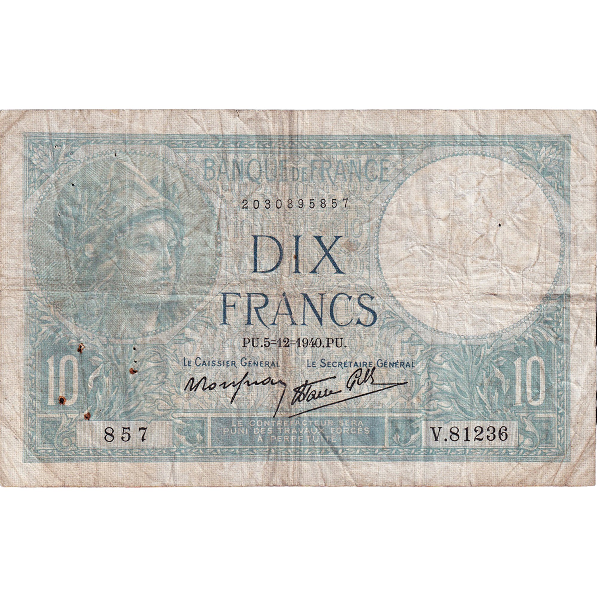 Frankreich, 10 Francs, Minerve, 1940, V.81236, S+, Fayette:7.23, KM:84
