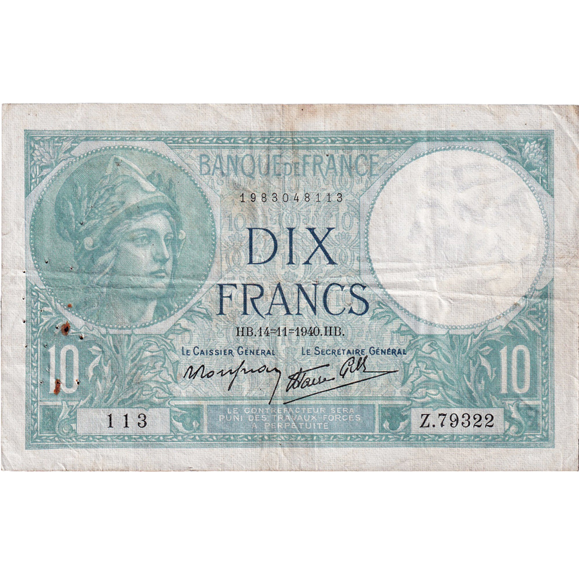 Francia, 10 Francs, Minerve, 1940, Z.79322, MB+, Fayette:7.20, KM:84