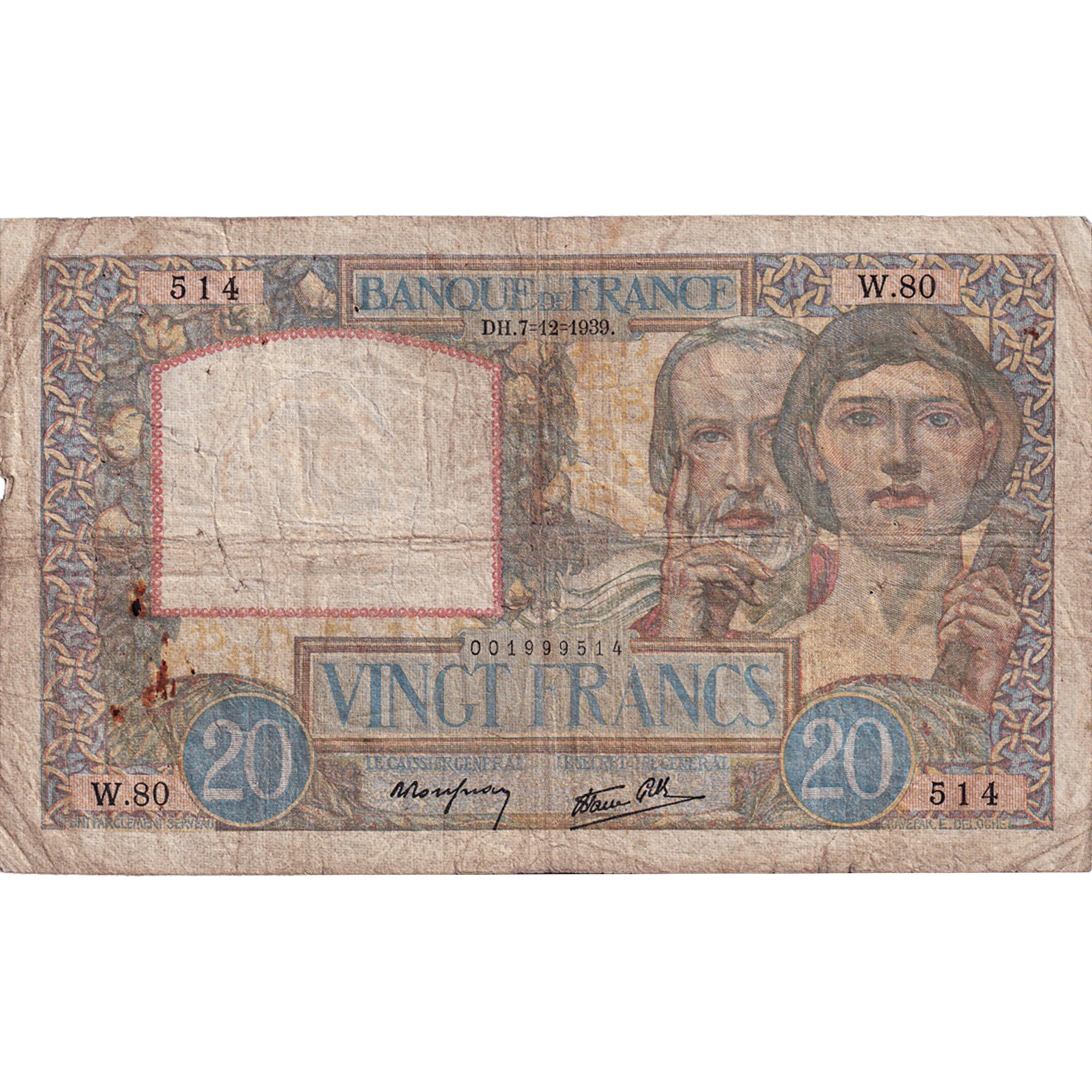 França, 20 Francs, Science et Travail, 1939, W.80, VF(20-25), Fayette:12.1