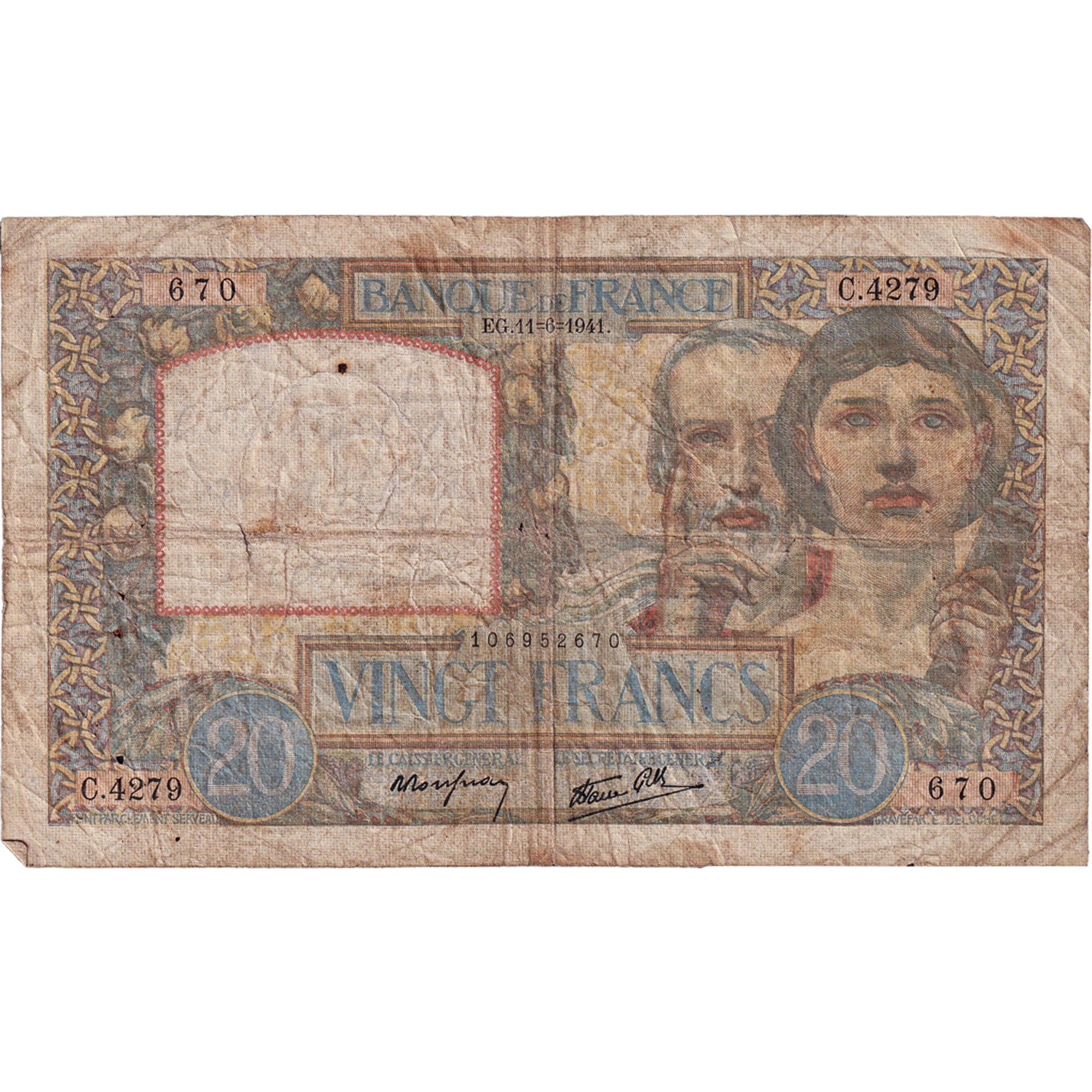 Frankrijk, 20 Francs, Science et Travail, 1941, C.4279, TB, Fayette:12.15