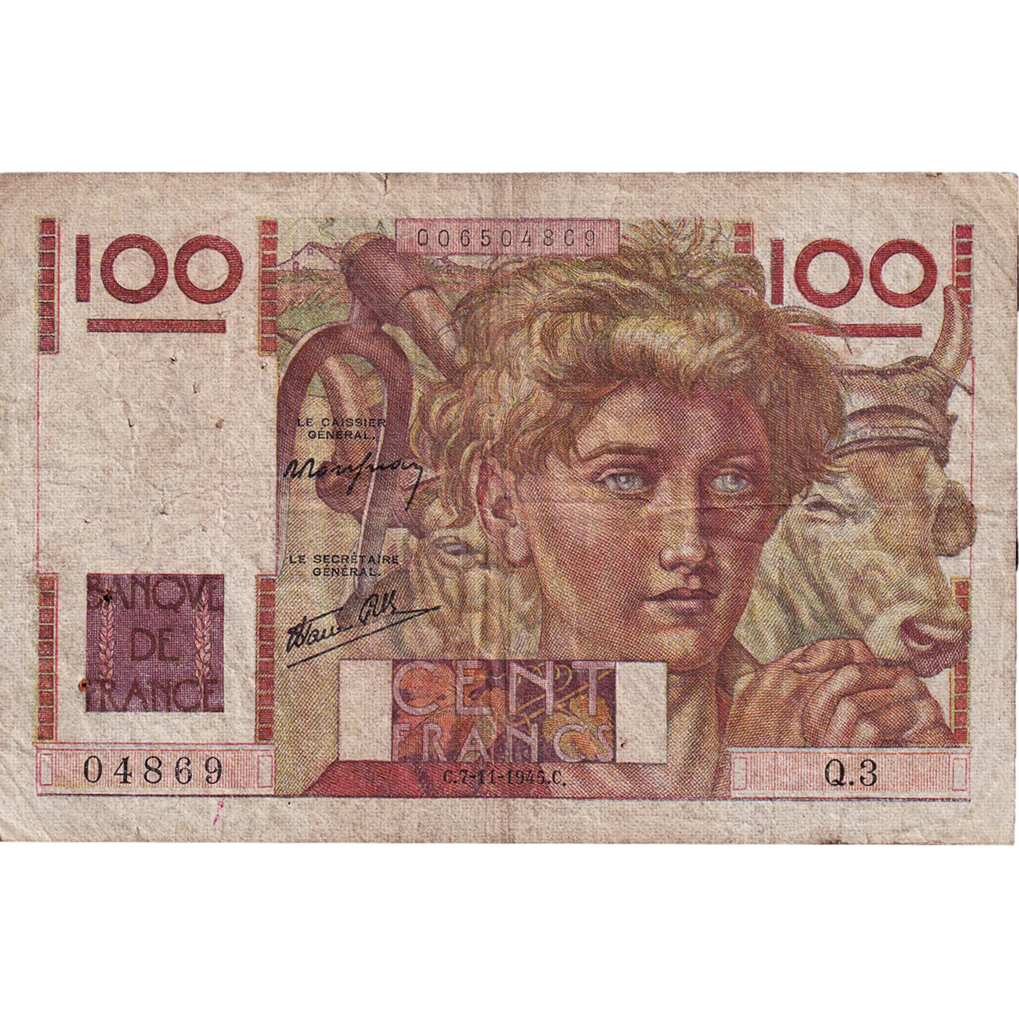 França, 100 Francs, Jeune Paysan, 1945, Q.3, VF(20-25), Fayette:28.1, KM:128a