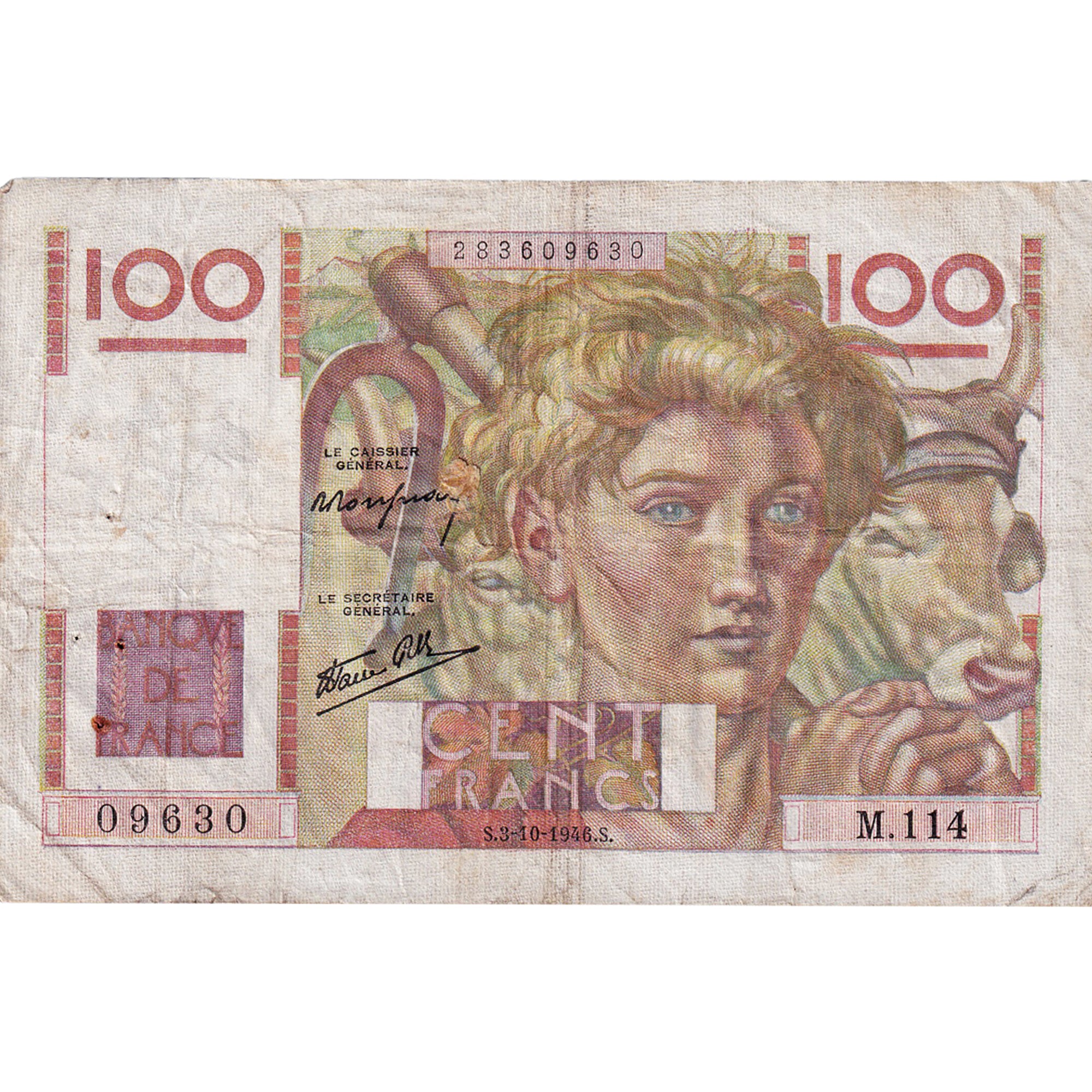 França, 100 Francs, Jeune Paysan, 1946, M.114, VF(20-25), Fayette:28.9, KM:128a