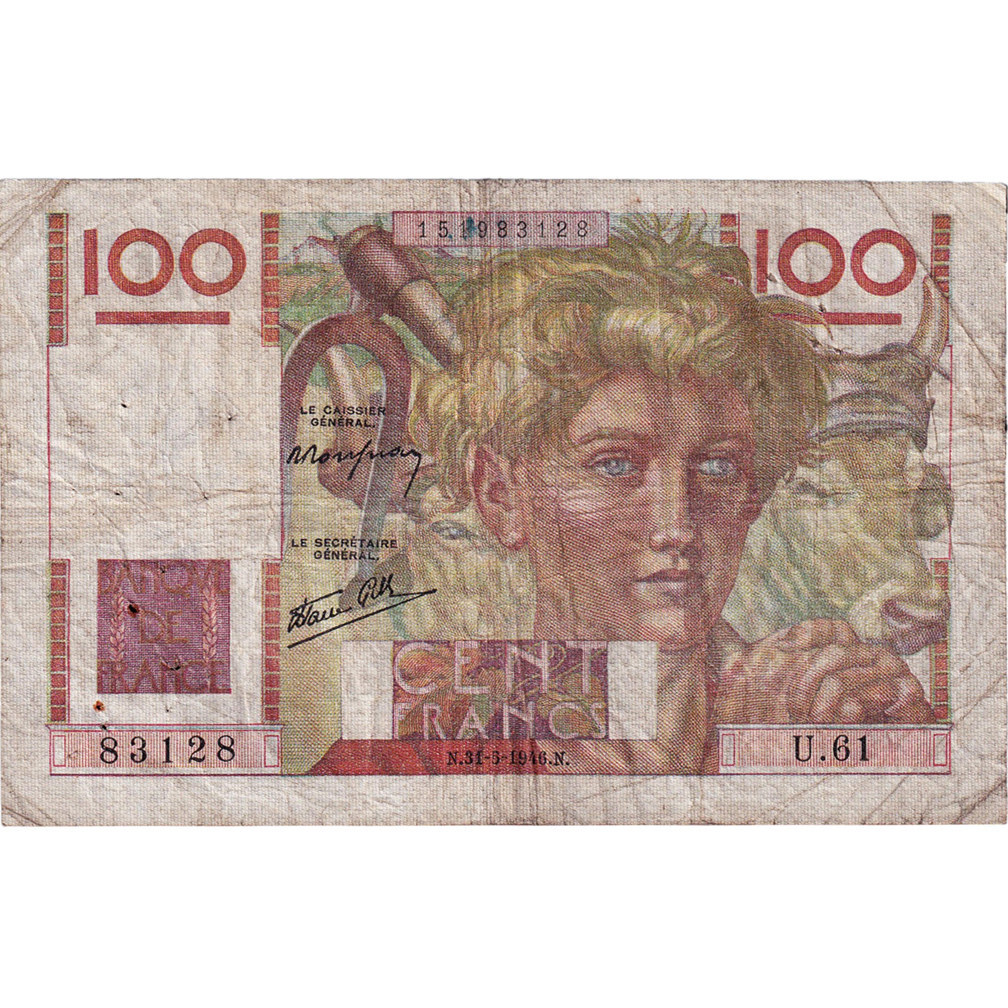 França, 100 Francs, Jeune Paysan, 1946, U.61, VF(20-25), Fayette:28.5, KM:128a