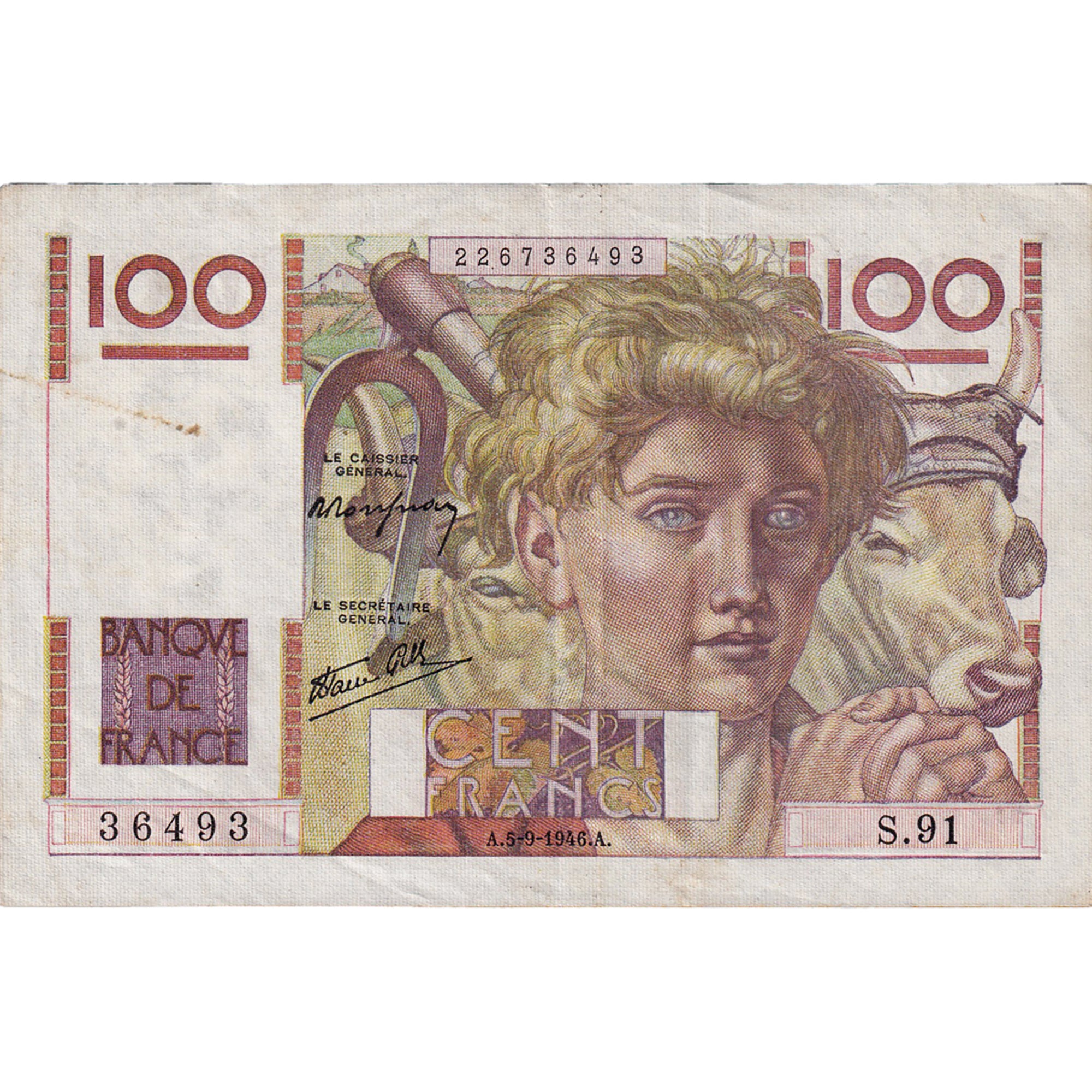 Francja, 100 Francs, Jeune Paysan, 1946, S.91, EF(40-45), Fayette:28.8, KM:128a