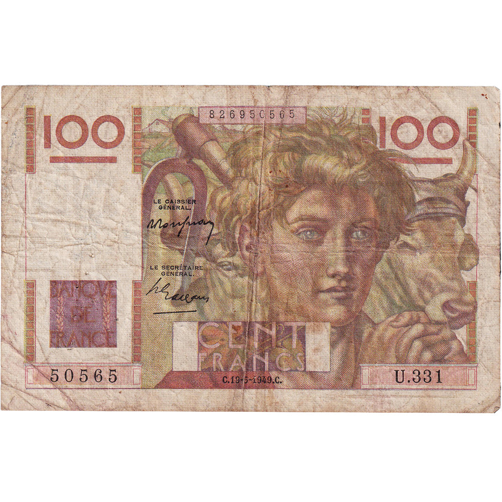 França, 100 Francs, Jeune Paysan, 1949, U.331, VF(20-25), Fayette:28.24