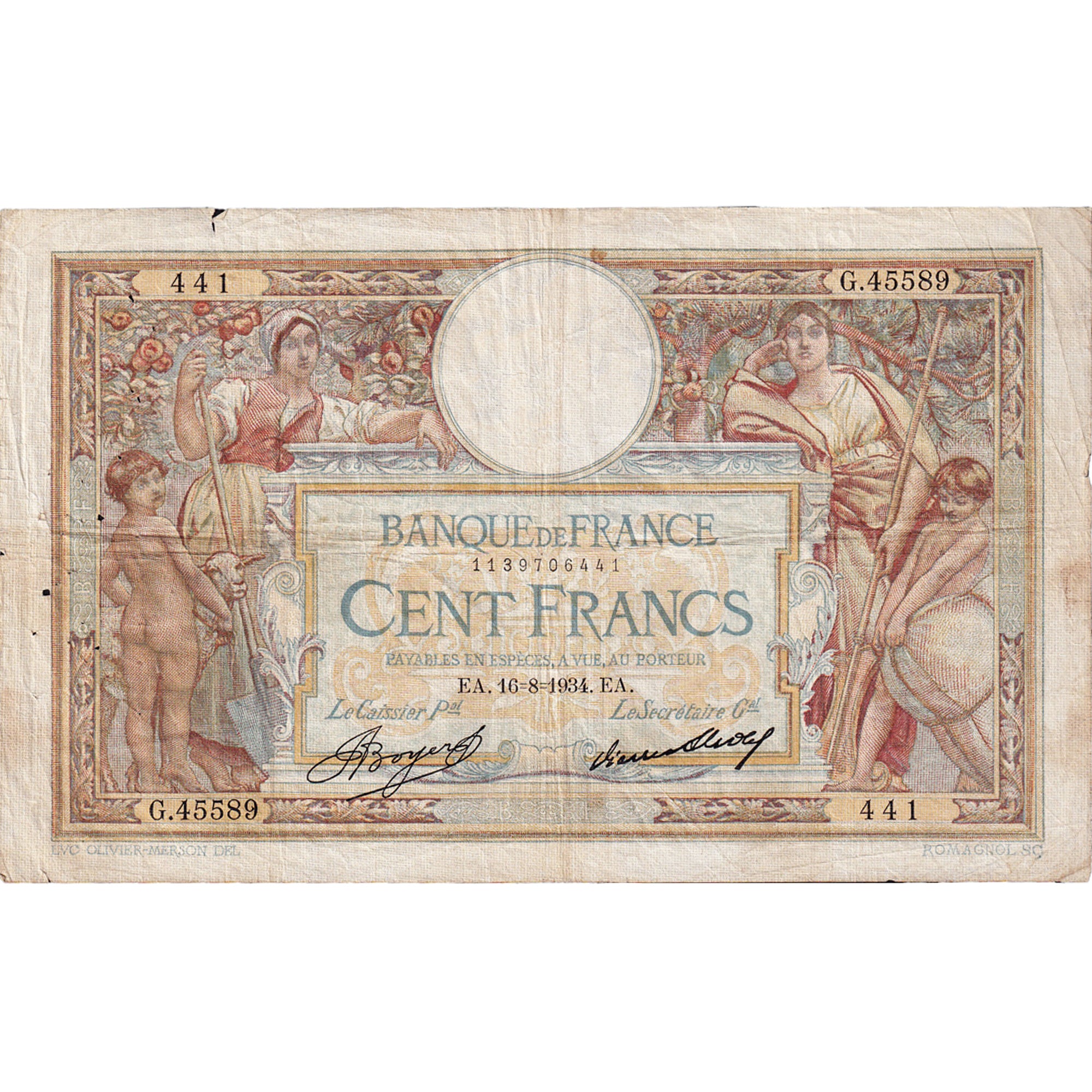 Frankrijk, 100 Francs, Luc Olivier Merson, 1934, G.45589, TTB, Fayette:24.13