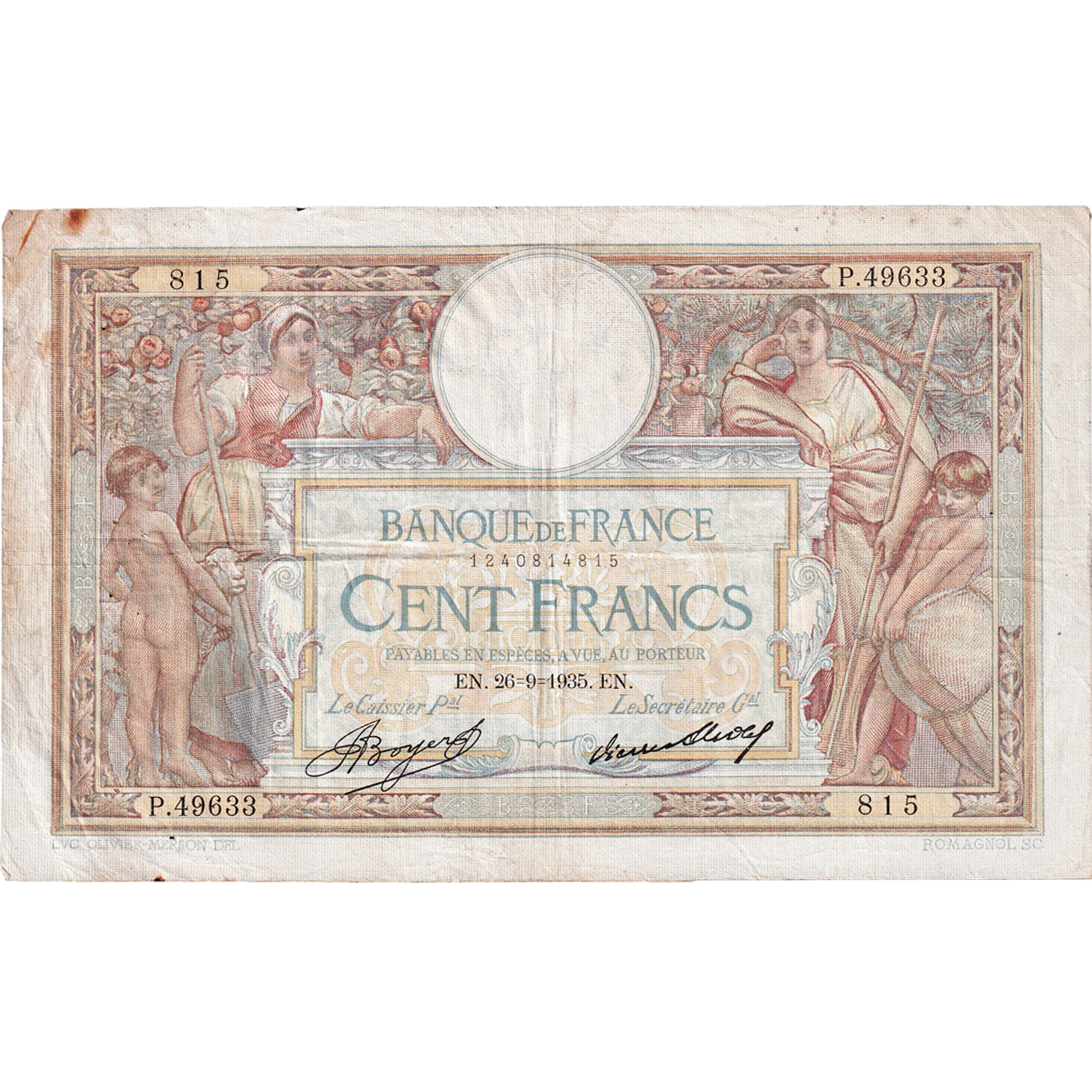 Francia, 100 Francs, Luc Olivier Merson, 1935, P.49633, BB, Fayette:24.14