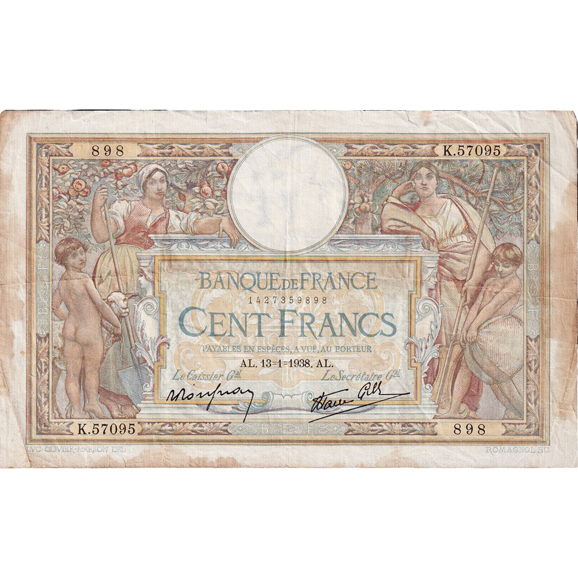 Frankreich, 100 Francs, Luc Olivier Merson, 1938, K.57095, SS, Fayette:27.8