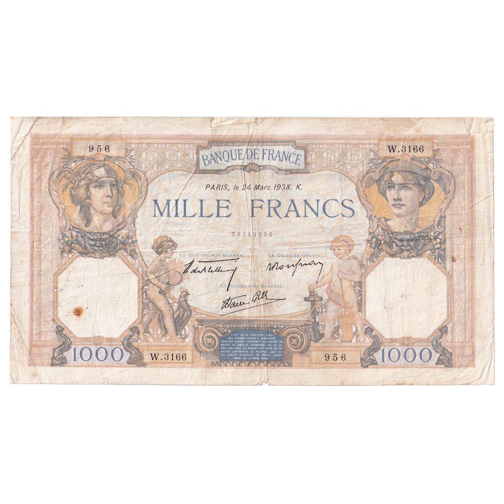 Frankreich, 1000 Francs, Cérès et Mercure, 1938, W.3166, SS, Fayette:38.9