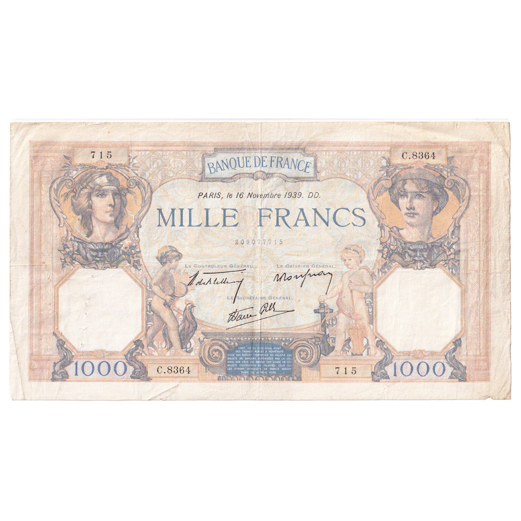 Frankreich, 1000 Francs, Cérès et Mercure, 1939, C.8364, SS, Fayette:38.39