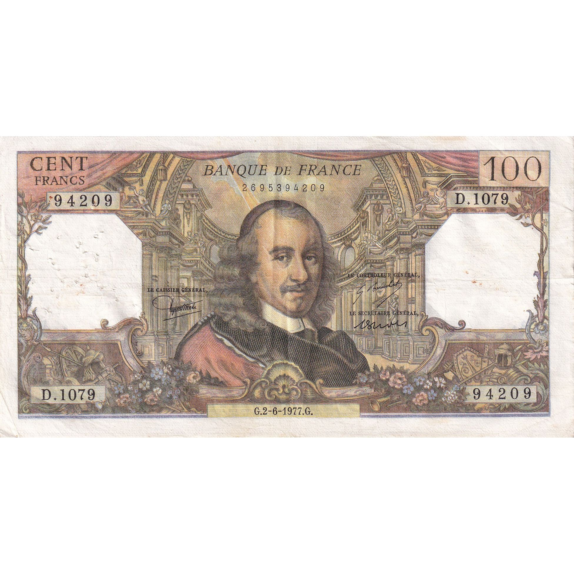 France, 100 Francs, Corneille, 1977, D.1079, TTB, Fayette:65.58, KM:149f