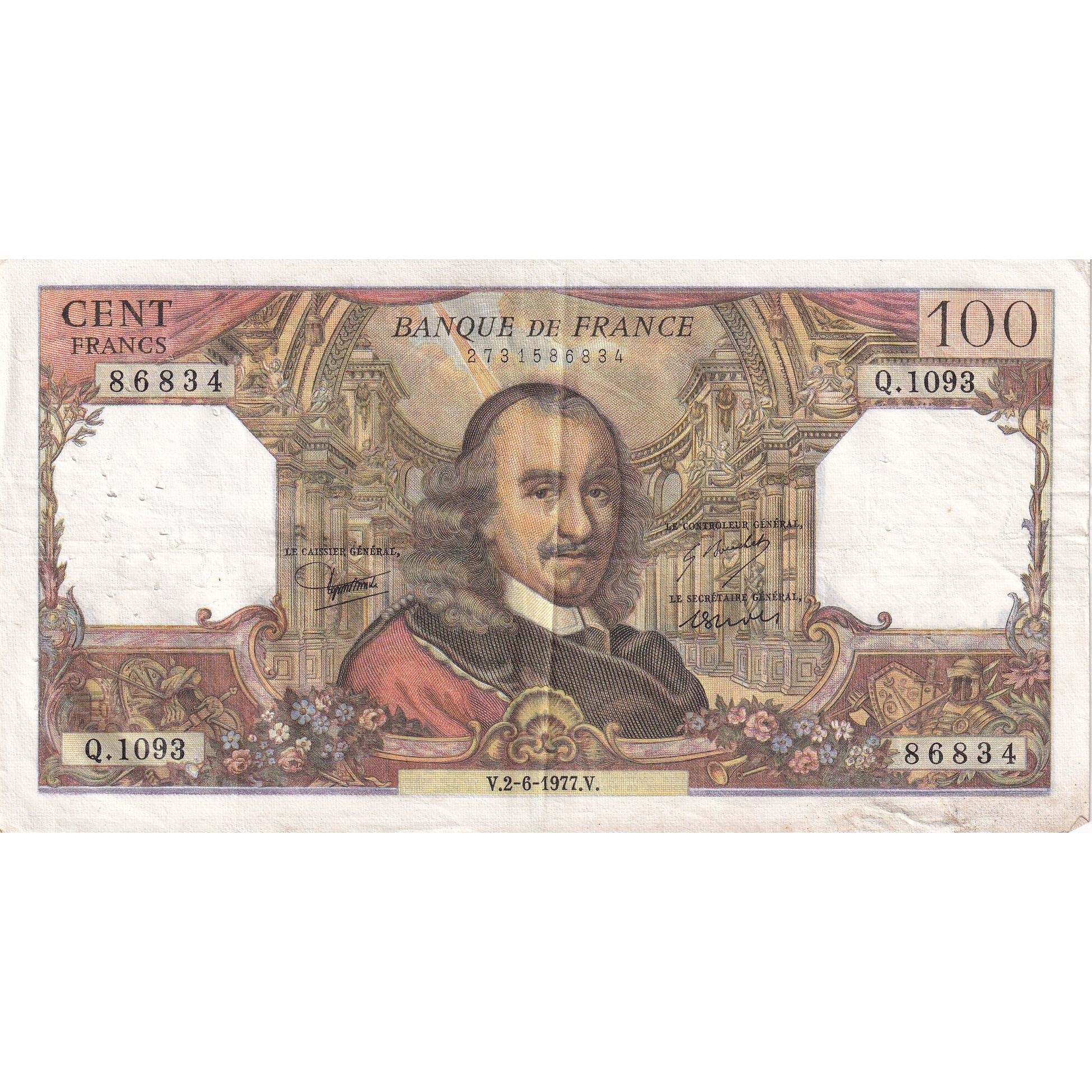 France, 100 Francs, Corneille, 1977, Q.1093, TTB, Fayette:65.58, KM:149f