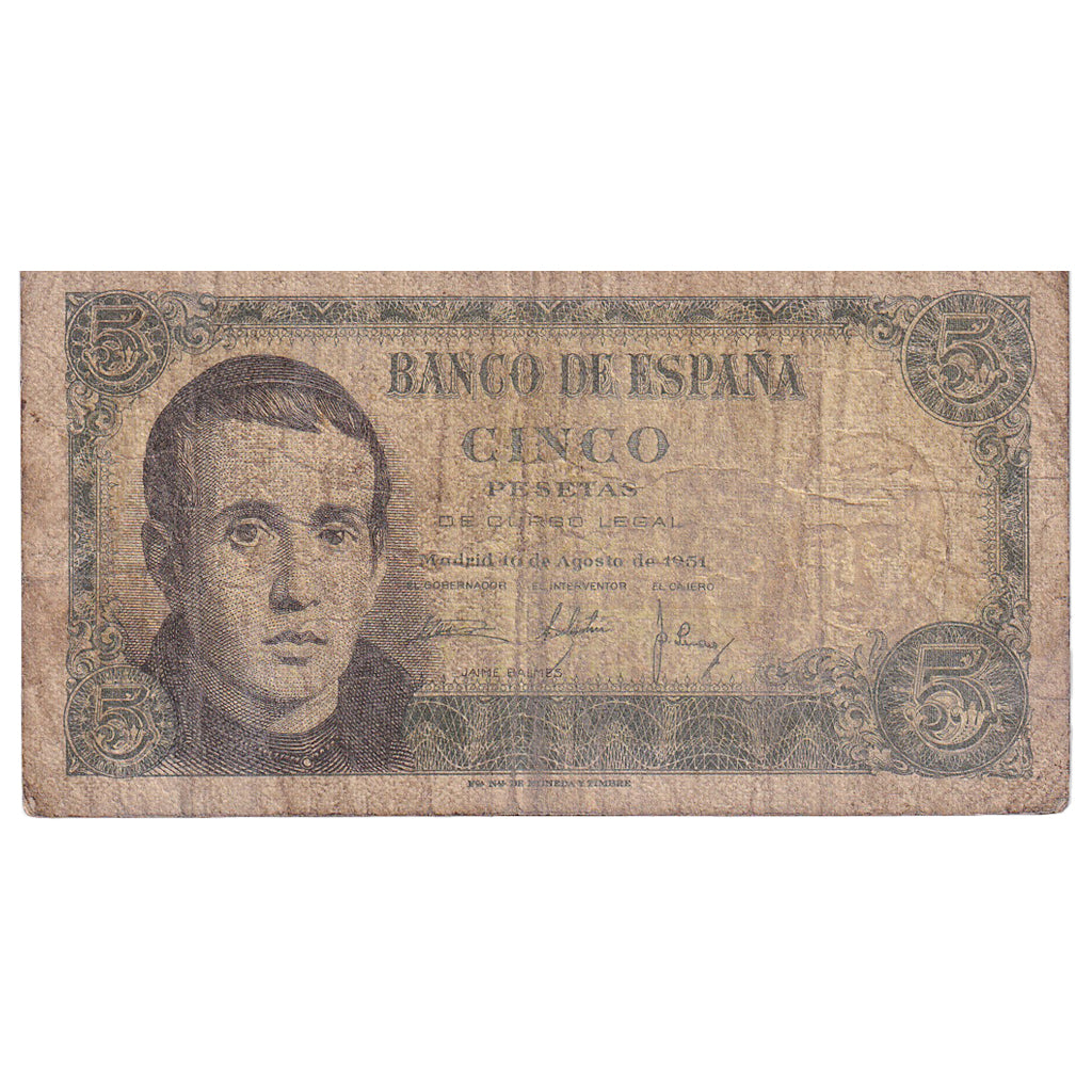 Spain, 5 Pesetas, 1951, 1951-08-16, KM:140a, VG(8-10)