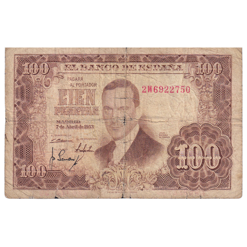 Hiszpania, 100 Pesetas, 1953, 1953-04-07, KM:145a, VG(8-10)