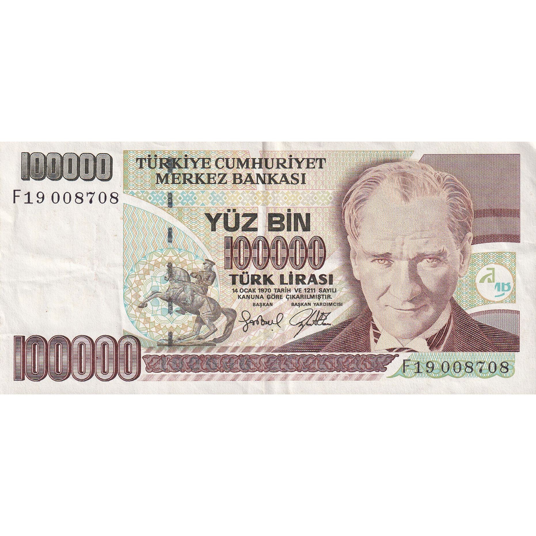 Turkey, 100,000 Lira, L.1970, KM:205, EF(40-45)