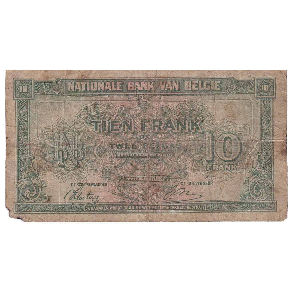 Bélgica, 10 Francs-2 Belgas, 1943, 1943-02-01, KM:122, VF(20-25)