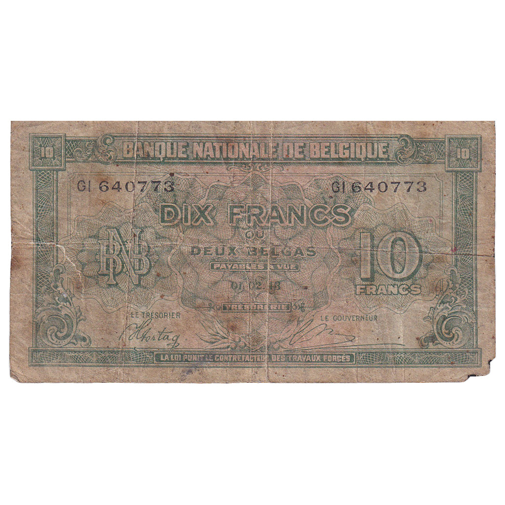 Bélgica, 10 Francs-2 Belgas, 1943, 1943-02-01, KM:122, VF(20-25)