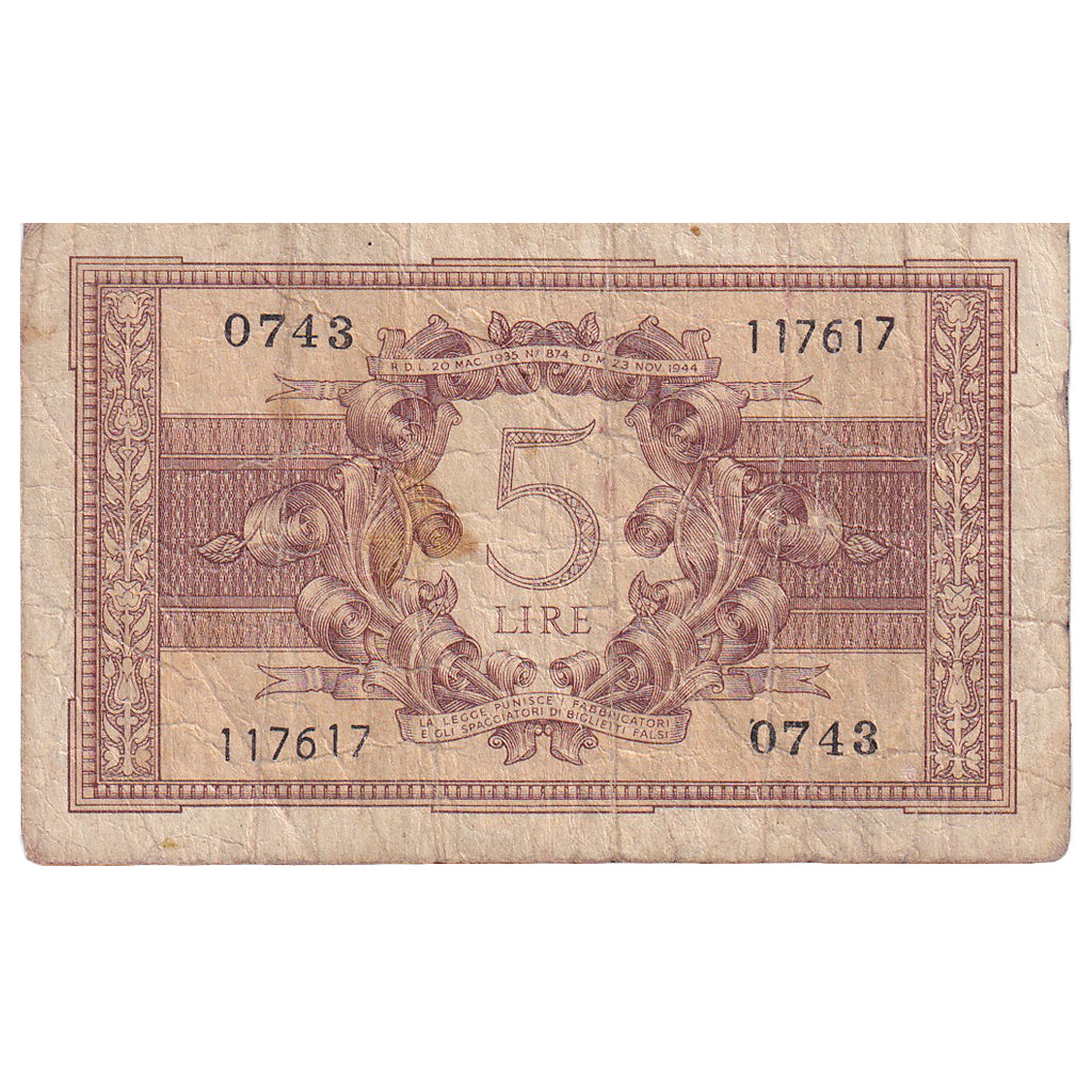 Italia, 5 Lire, 1944, 1944-11-23, KM:31c, MB