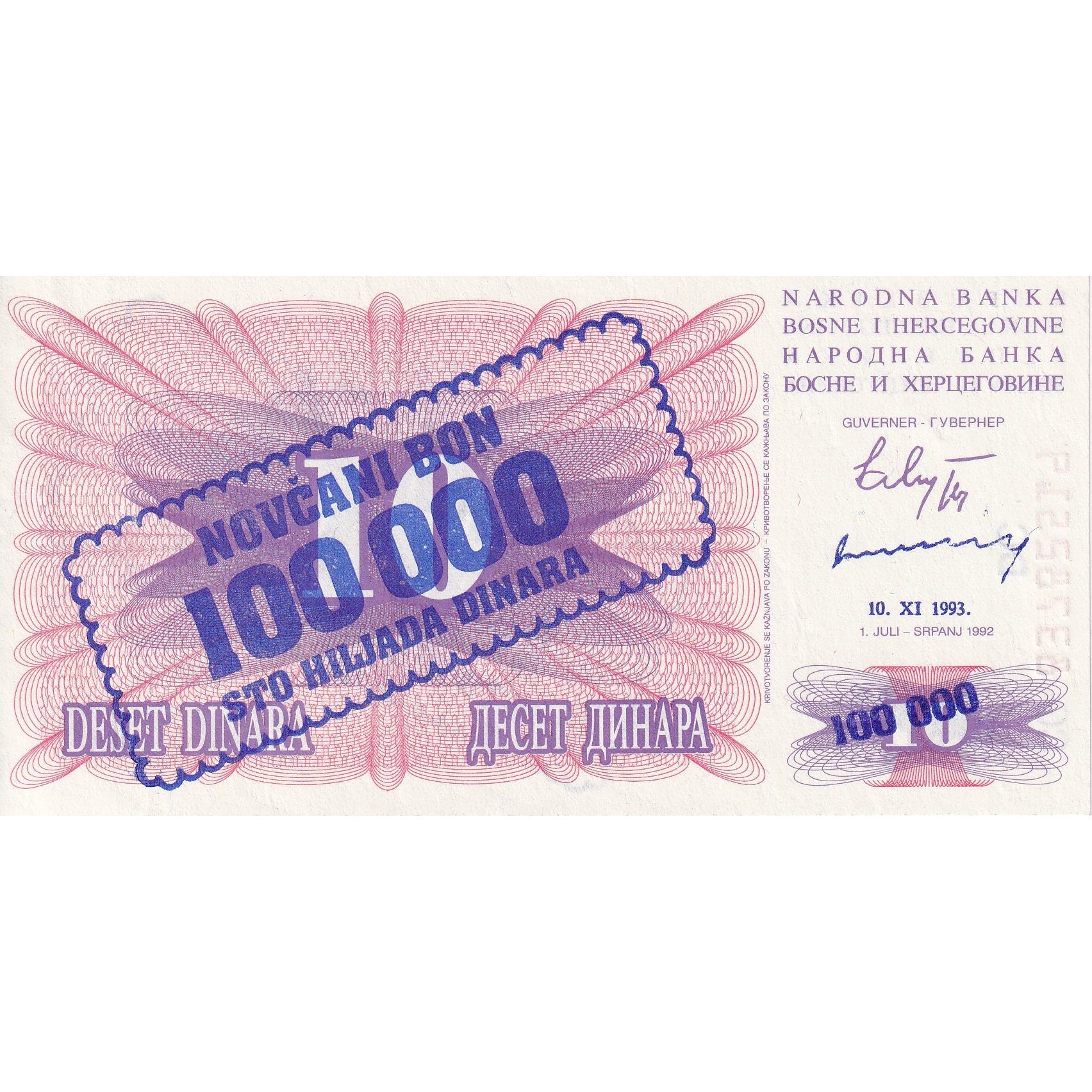 Bosnia - Herzegovina, 100,000 Dinara, 1993, 1993-11-10, KM:34b, UNC(63)