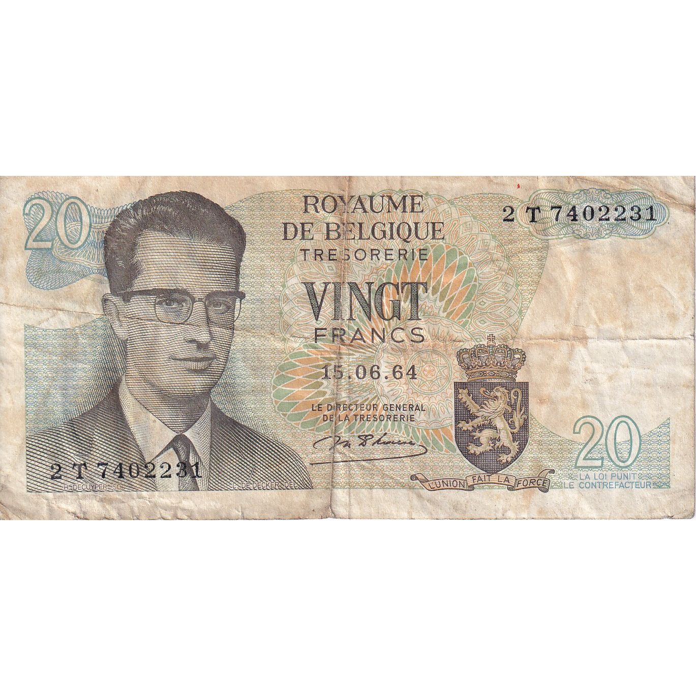Belgia, 20 Francs, 1964, 1964-06-15, KM:138, VF(20-25)